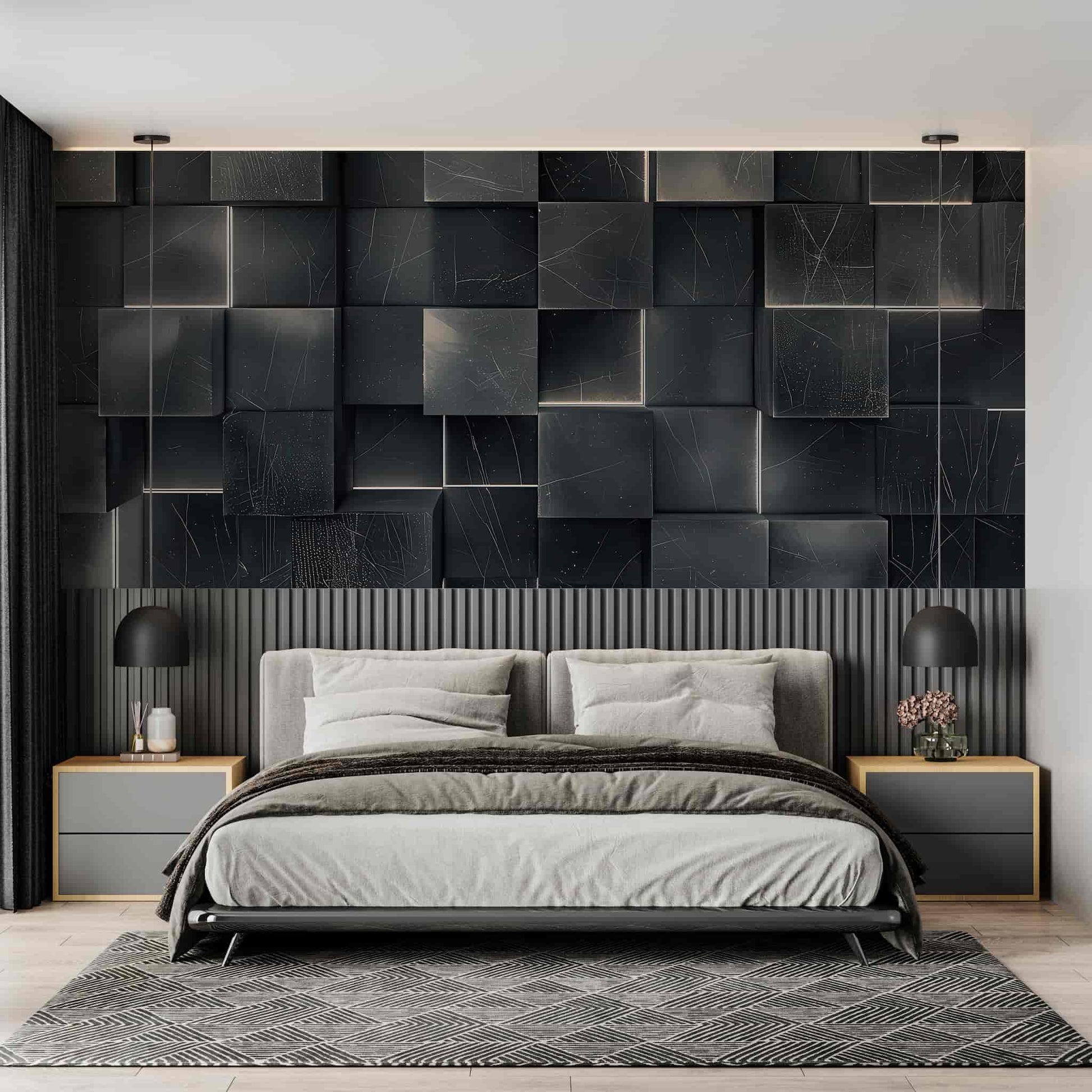 3D Modern Wall Art, Black Geometric Pattern Dark Wall Decal YMO-05077