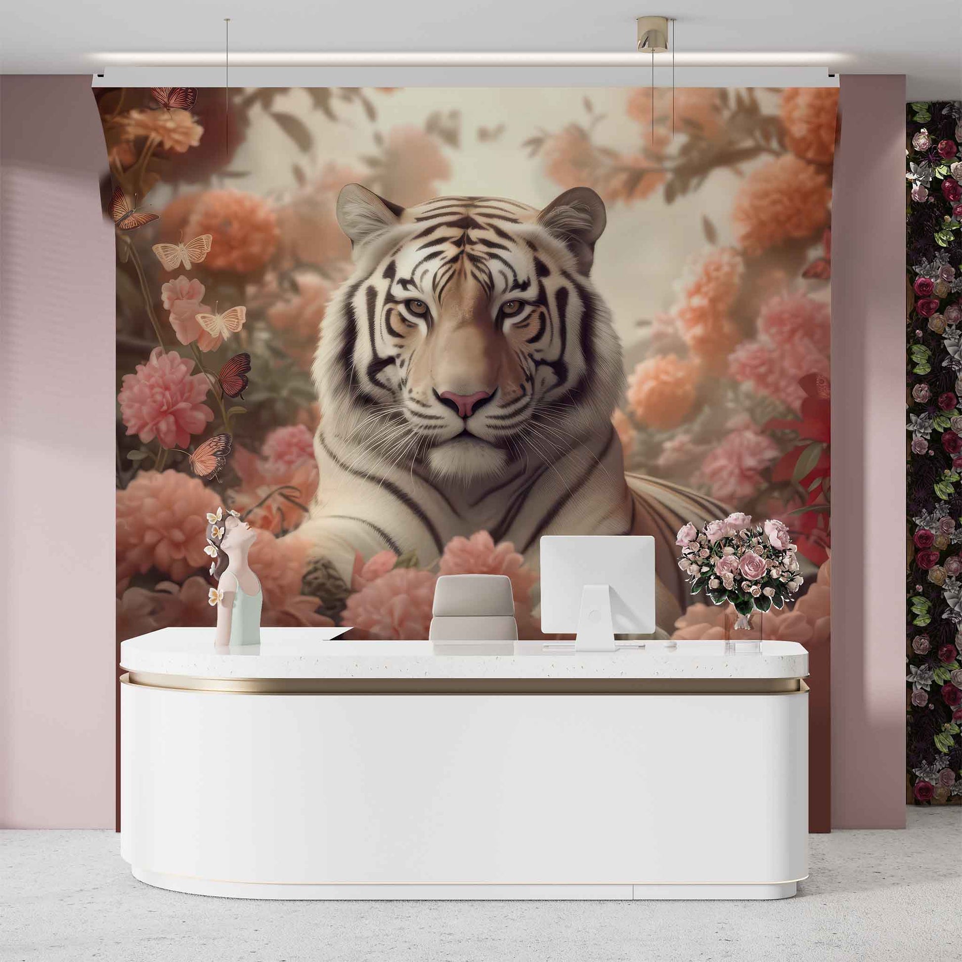 3D Tiger Wallpaper with Pink Flowers Exotic Animal Wall Mural YH-02187