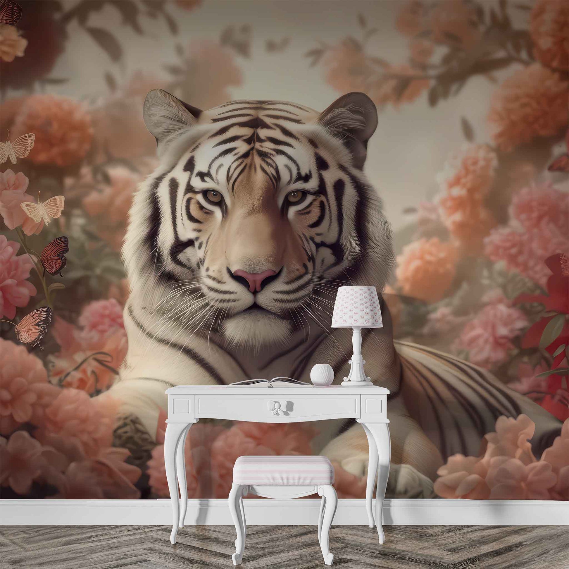 3D Tiger Wallpaper with Pink Flowers Exotic Animal Wall Mural YH-02187