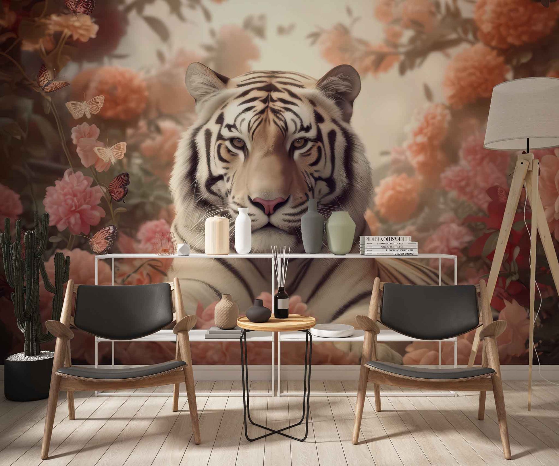 3D Tiger Wallpaper with Pink Flowers Exotic Animal Wall Mural YH-02187