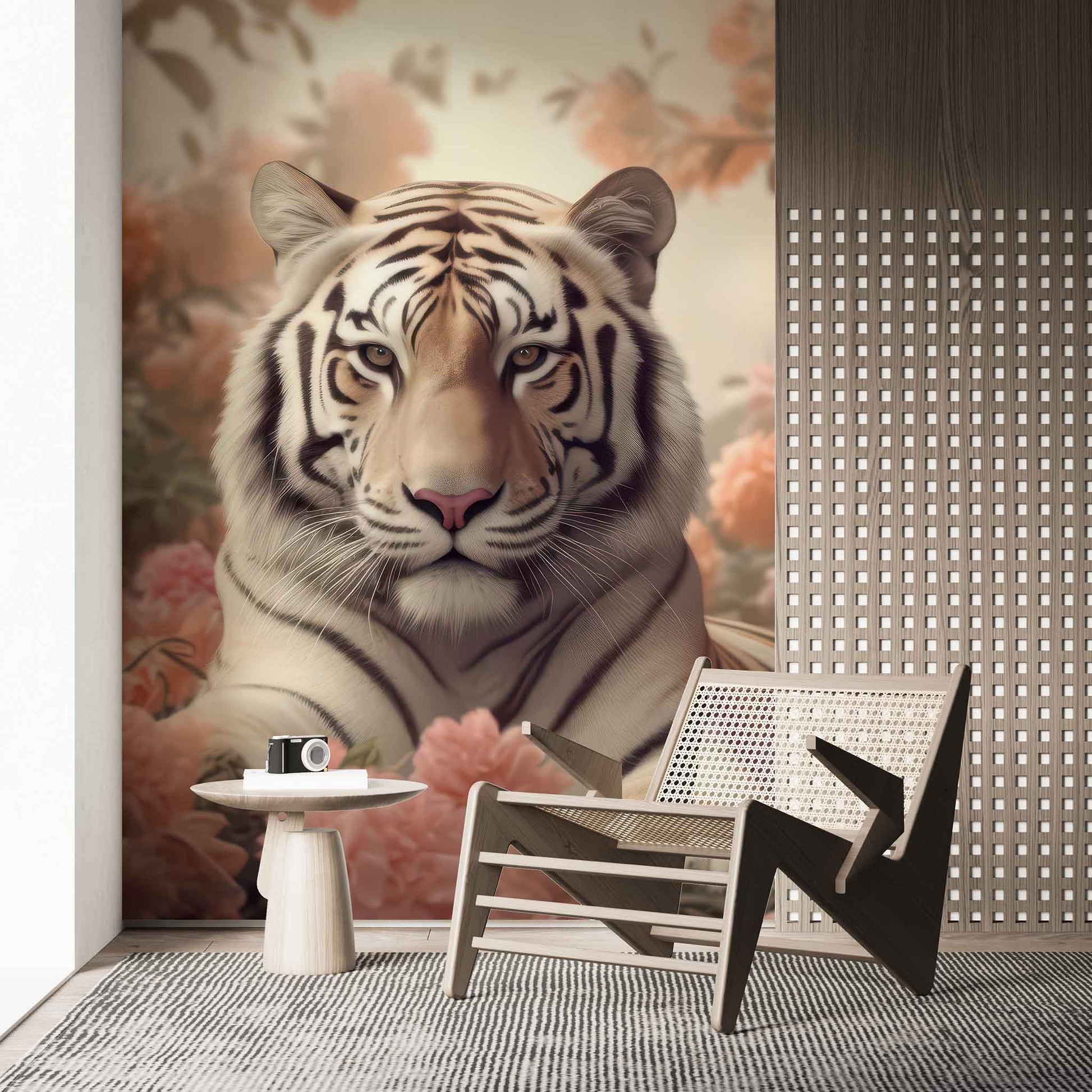 3D Tiger Wallpaper with Pink Flowers Exotic Animal Wall Mural YH-02187