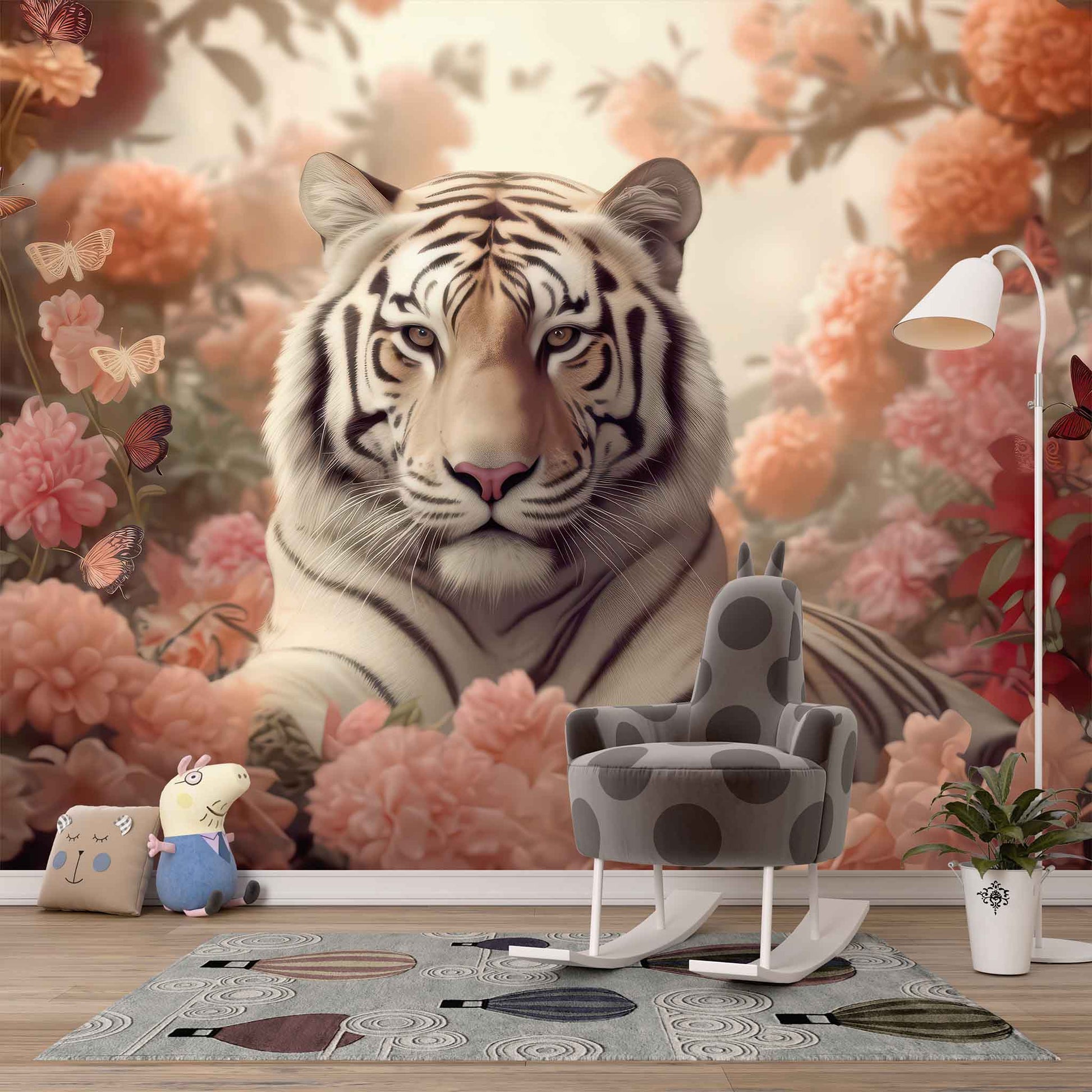 3D Tiger Wallpaper with Pink Flowers Exotic Animal Wall Mural YH-02187