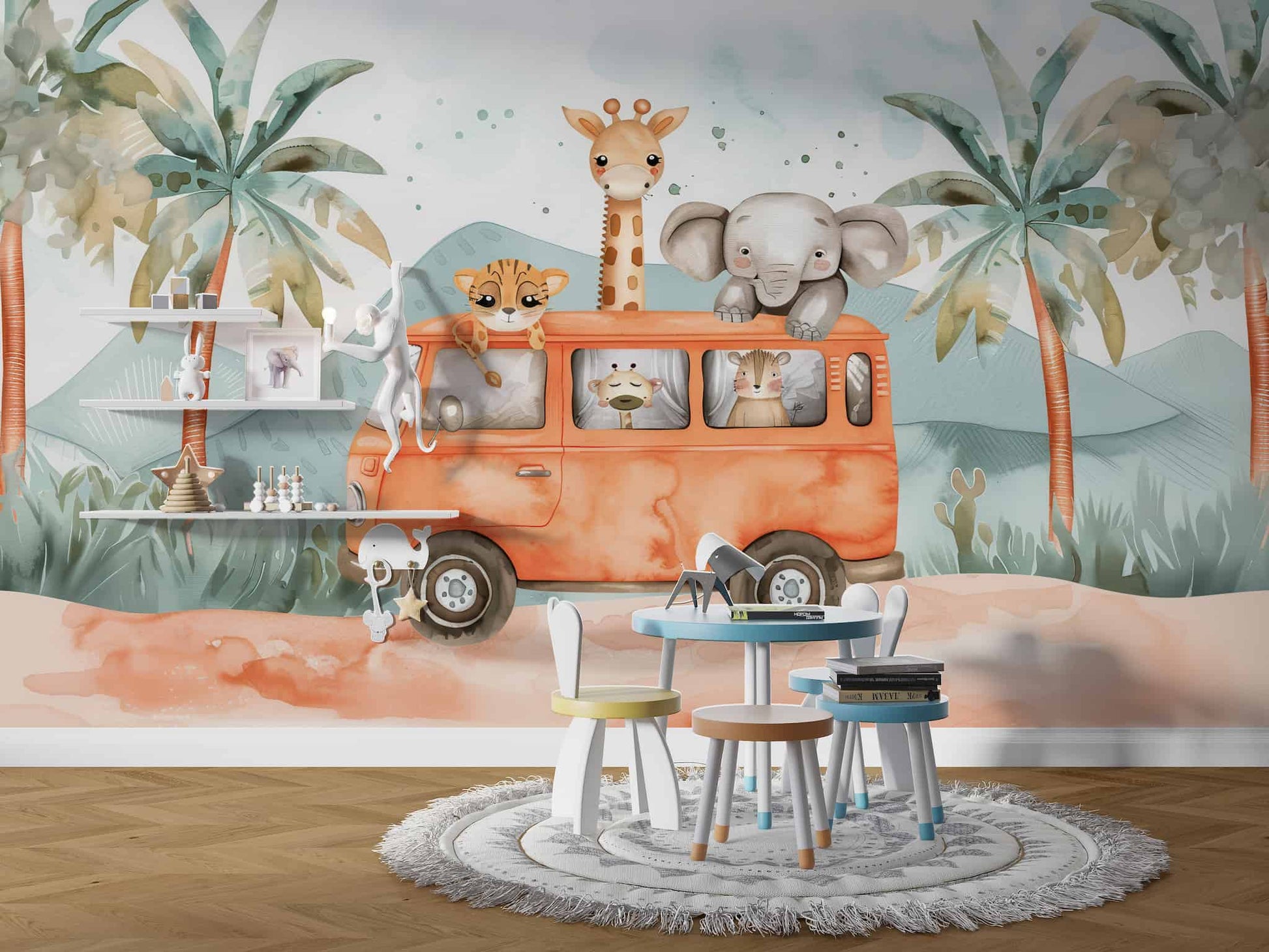 Baby Safari Animals on the Bus Wallpaper, Nursery Room Mural YCO-05118