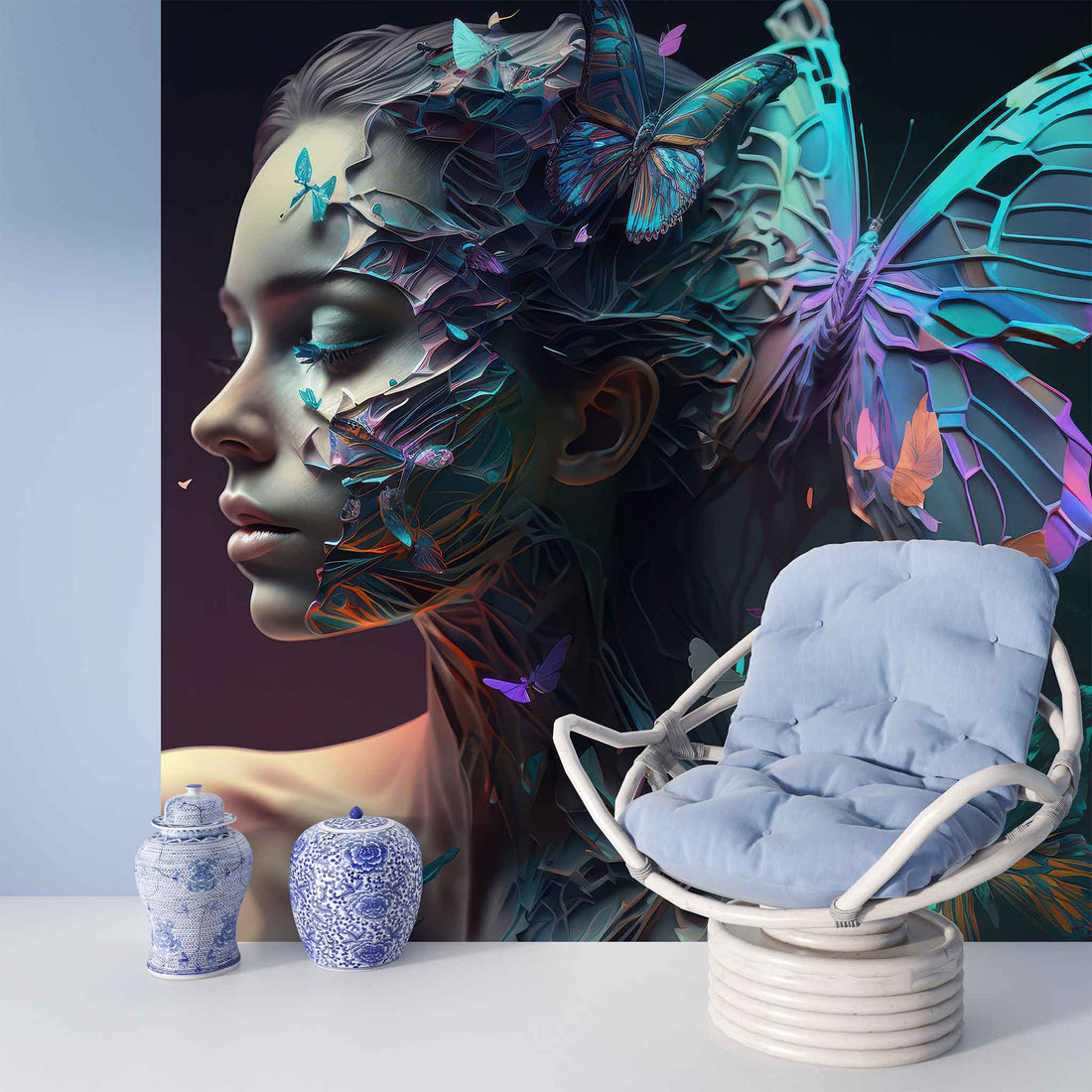 Blue Butterfly and Woman Wallpaper, Beauty Salon Wall Art YK-00600