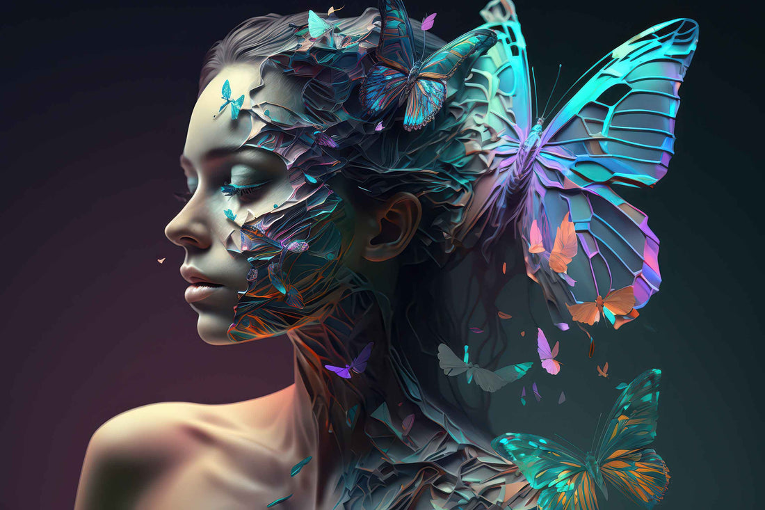 Blue Butterfly and Woman Wallpaper, Beauty Salon Wall Art YK-00600