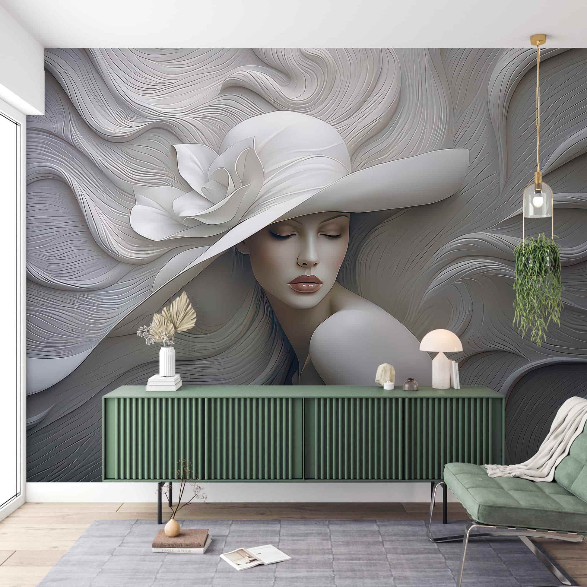 Embossed Woman With Hat Wallpaper, 3D Wall Illusion YK-05060