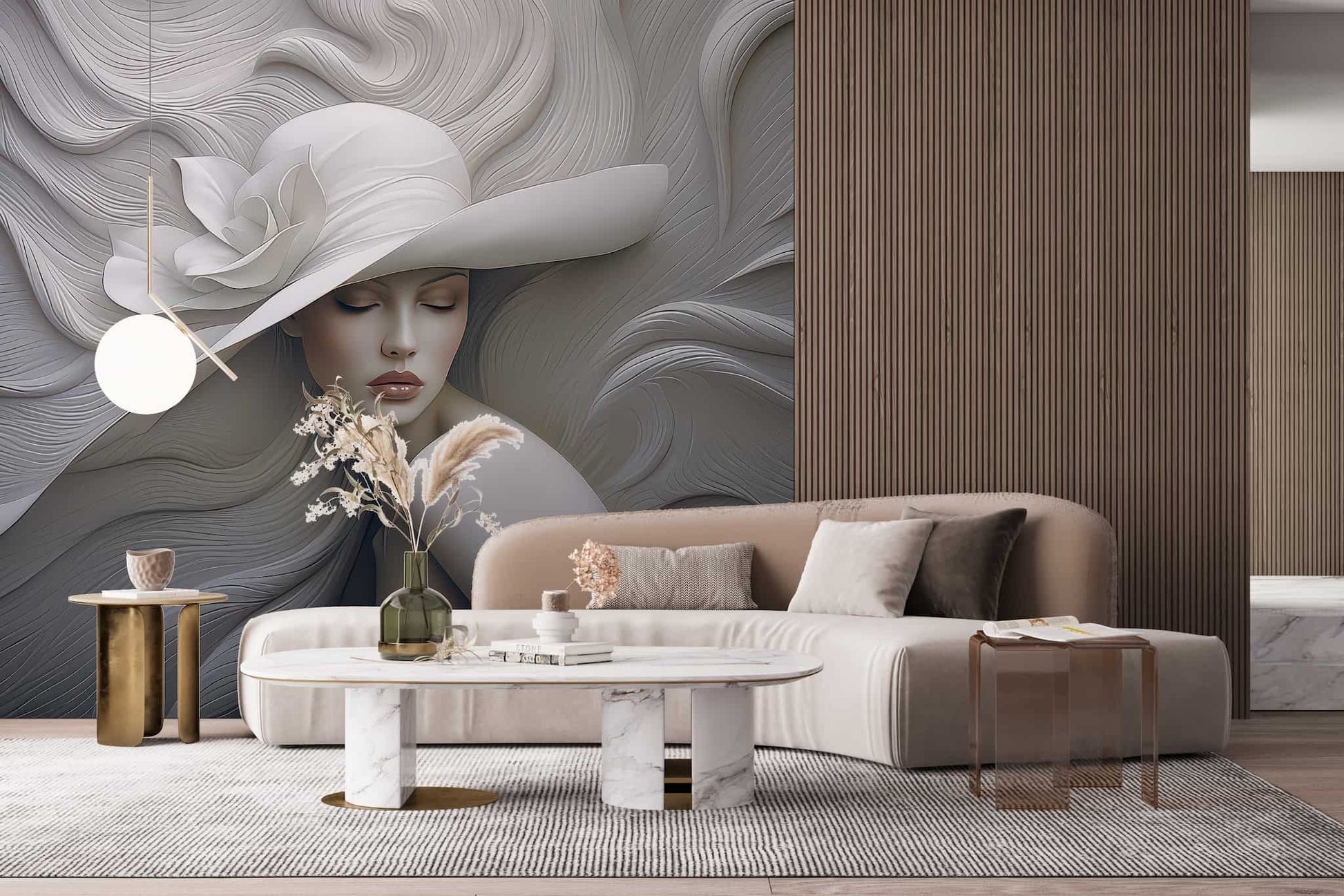 Embossed Woman With Hat Wallpaper, 3D Wall Illusion YK-05060