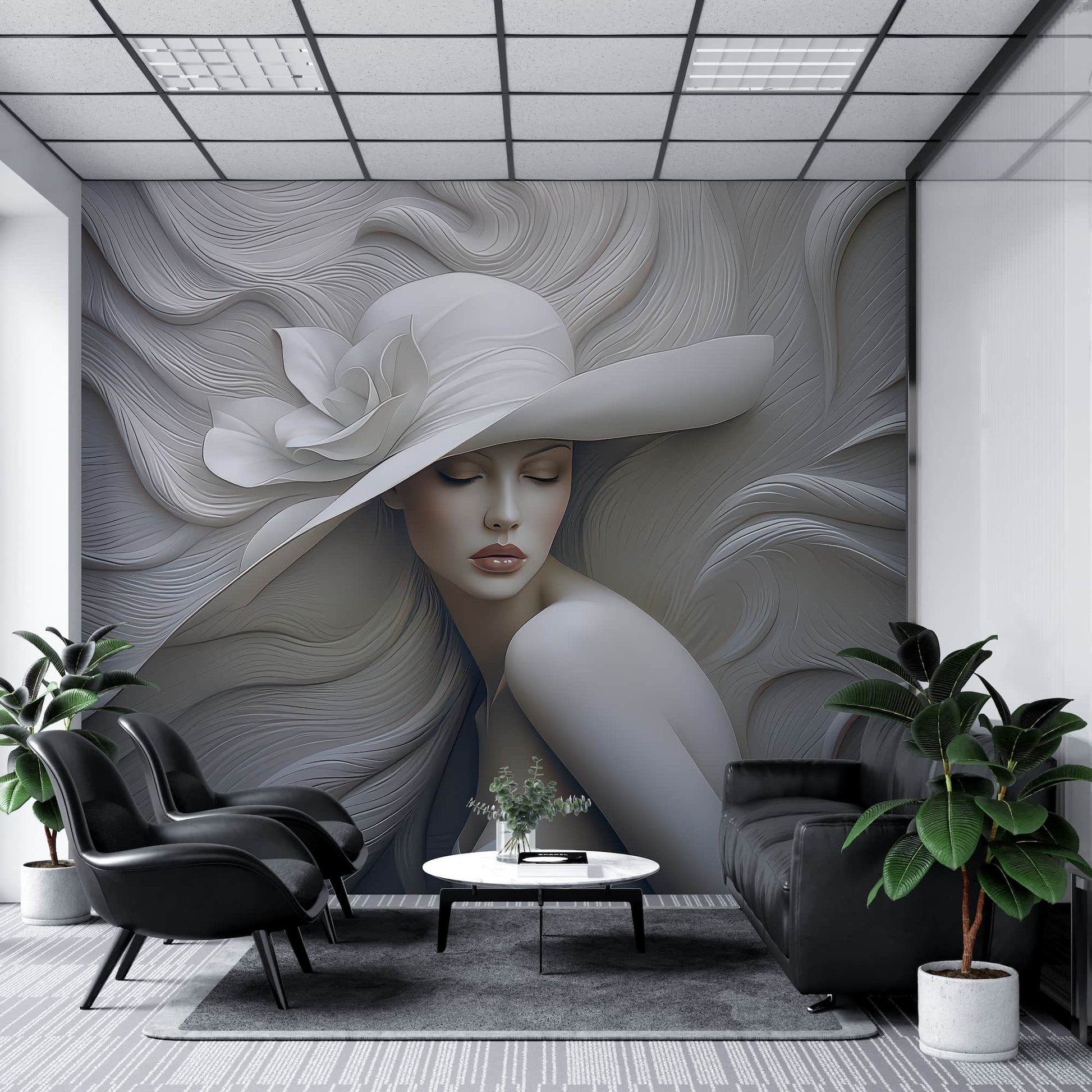 Embossed Woman With Hat Wallpaper, 3D Wall Illusion YK-05060