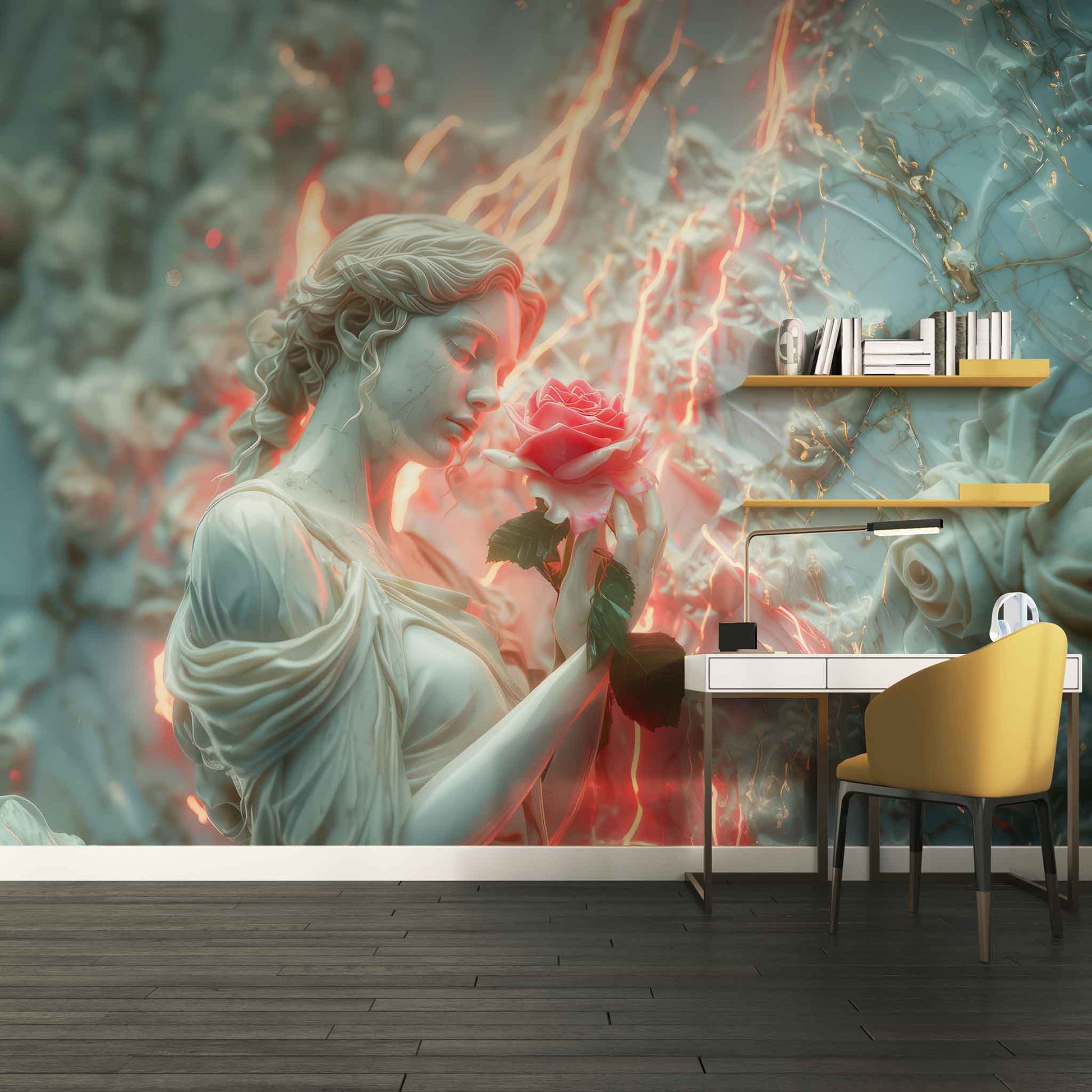 Embossed Woman and Pink Rose Wallpaper | 3D Relief Wall