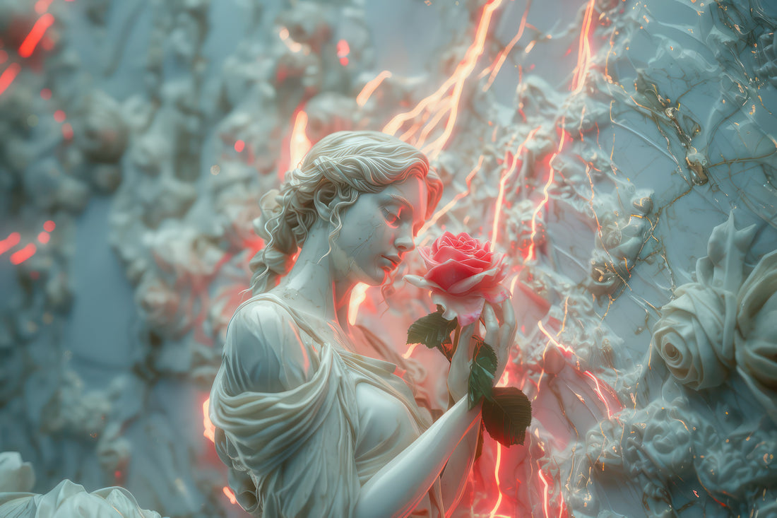 Embossed Woman and Pink Rose Wallpaper | 3D Relief Wall Decal YK-30028