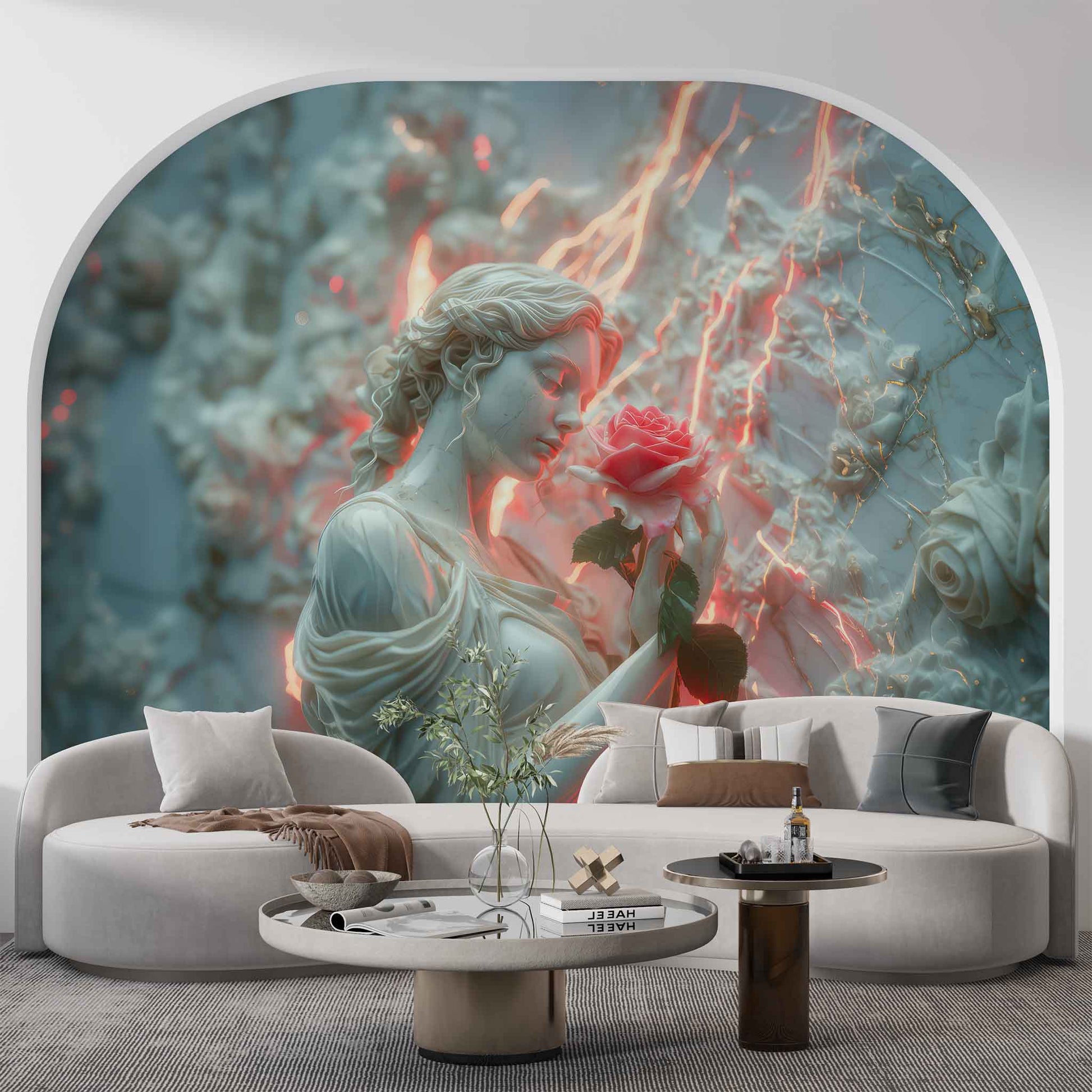 Embossed Woman and Pink Rose Wallpaper | 3D Relief