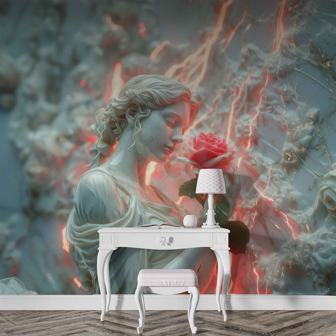 Embossed Woman and Pink Rose Wallpaper | 3D Relief Wall Decal YK-30028