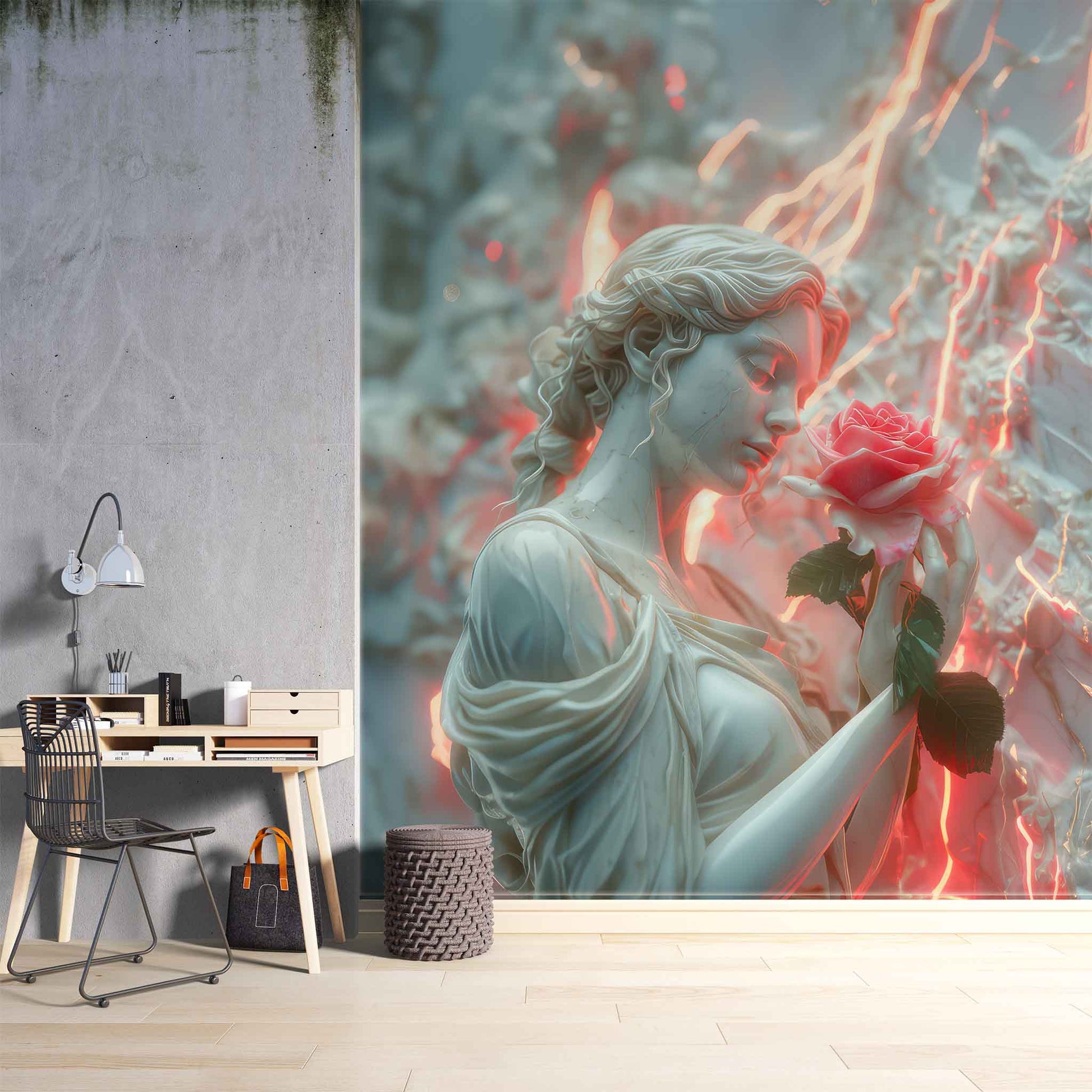 Embossed Woman and Pink Rose Wallpaper | 3D Relief