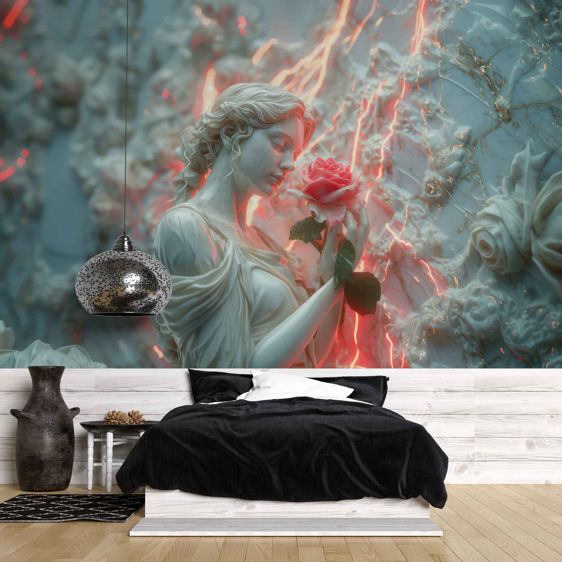 Embossed Woman and Pink Rose Wallpaper | 3D Relief Wall Decal YK-30028