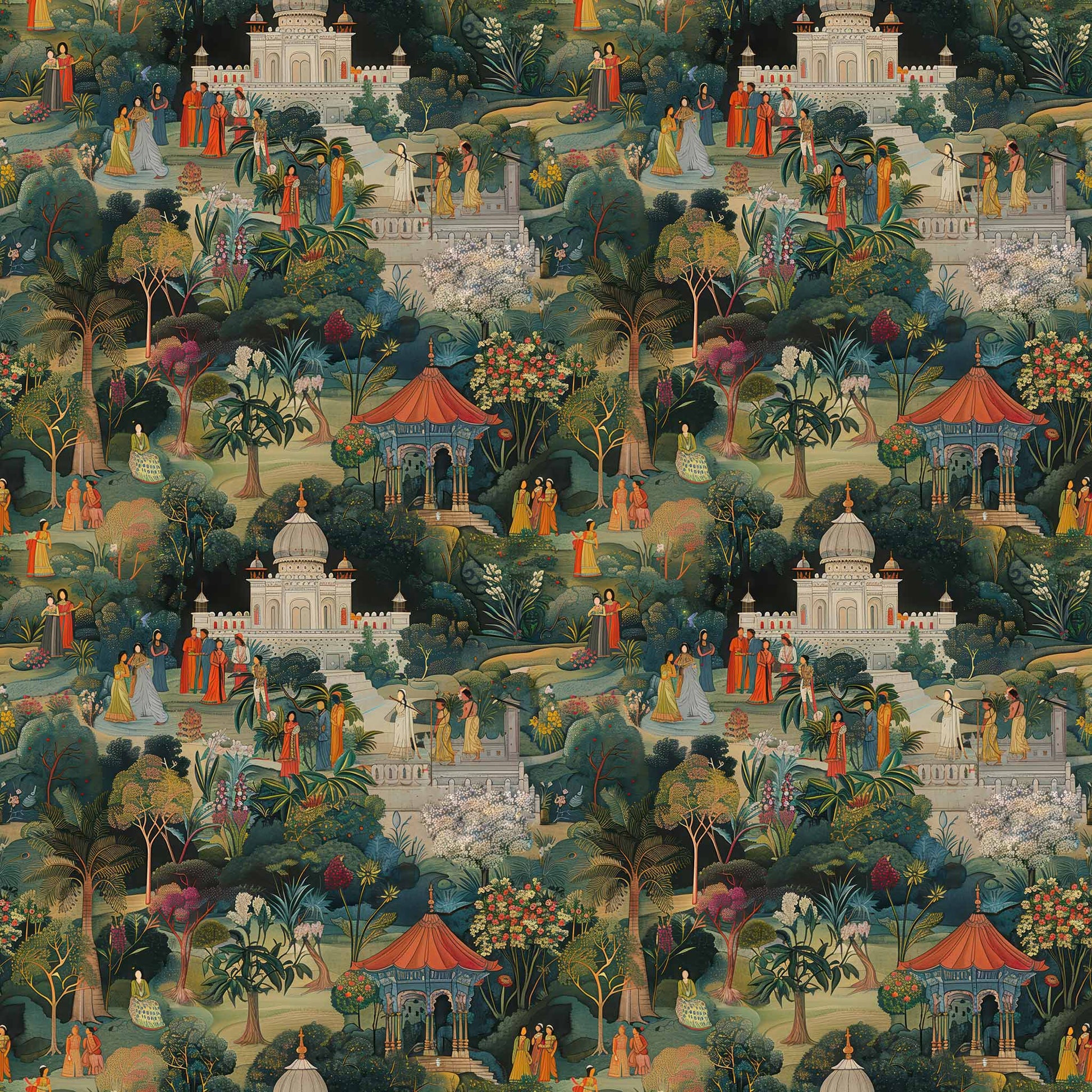 Lush Jaipur Garden Wallpaper, Indian Wallpaper, Scenic Wall Art, India Mughal Design YM-30019
