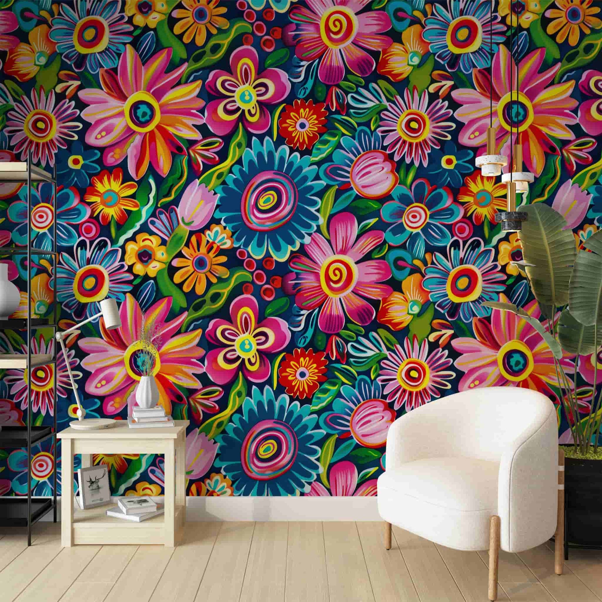 Mexican Folk Art Pattern Wallpaper, Vintage Colorful Abstract Flowers YF-04032