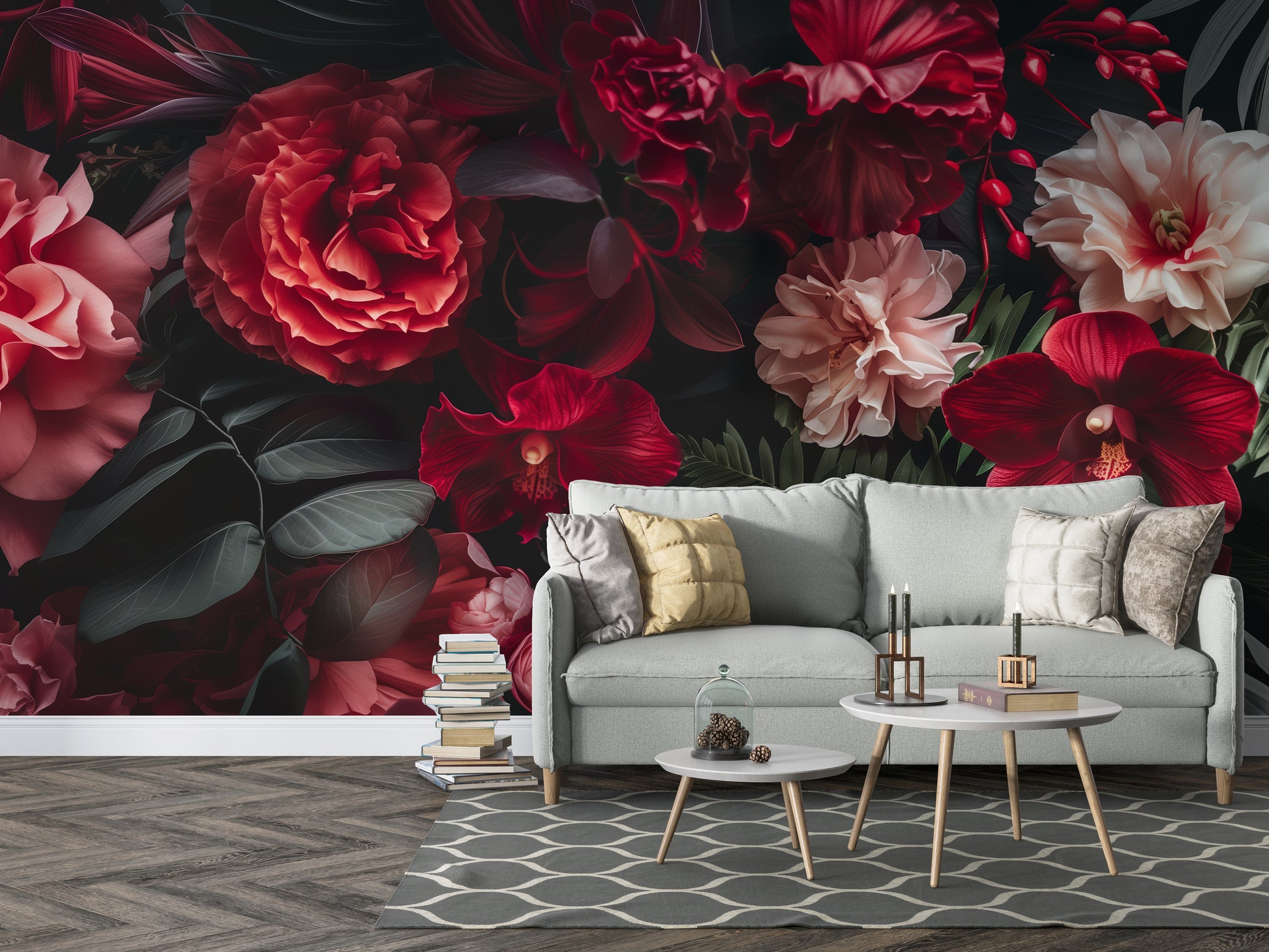 Red Floral Wallpaper 3D Realistic Roses, Orchids Wall Art YF-30027
