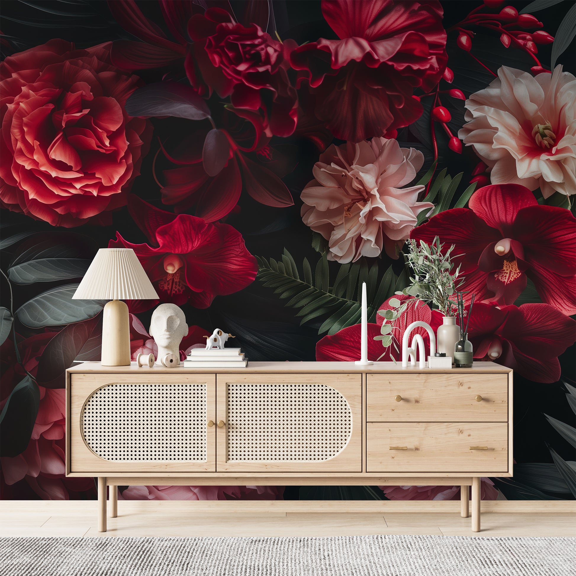 Red Floral Wallpaper 3D Realistic Roses, Orchids Wall Art YF-30027