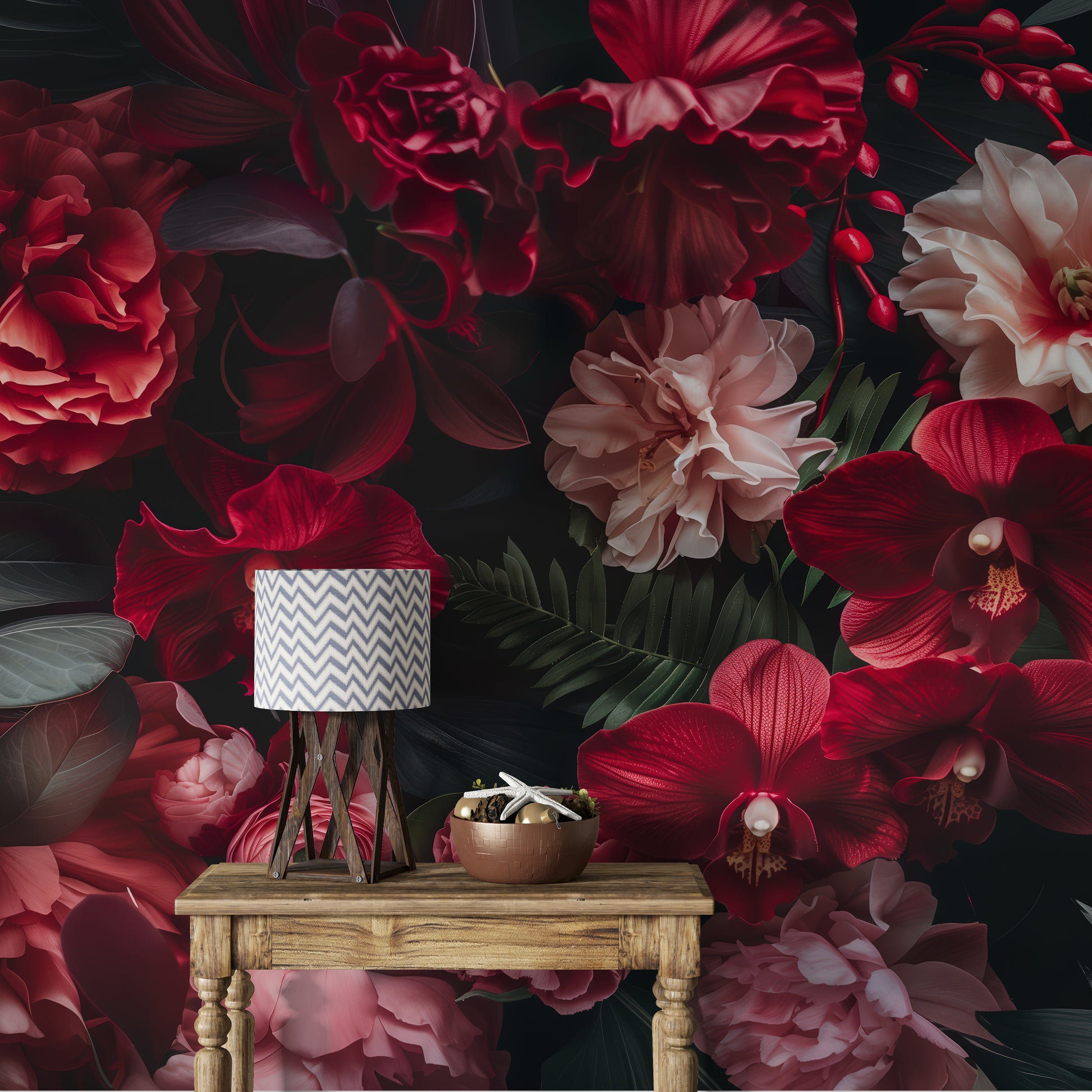 Red Floral Wallpaper 3D Realistic Roses, Orchids Wall Art YF-30027