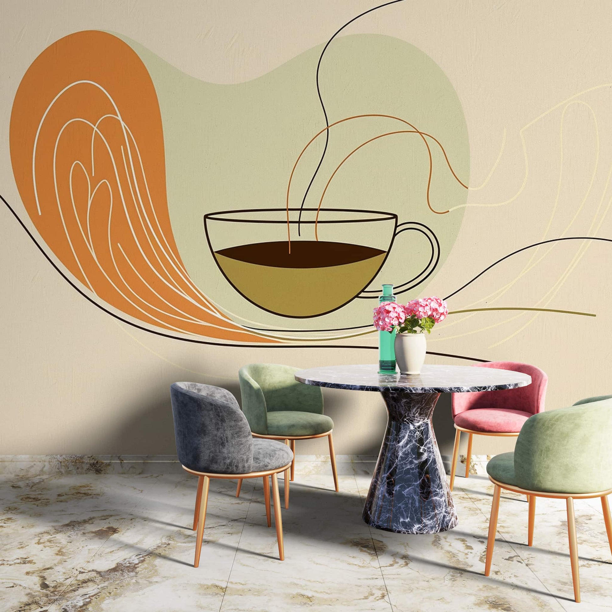 Retro Cafe Wallpaper, Vintage Cafe Wall Art Deco Wallpaper YC-05070