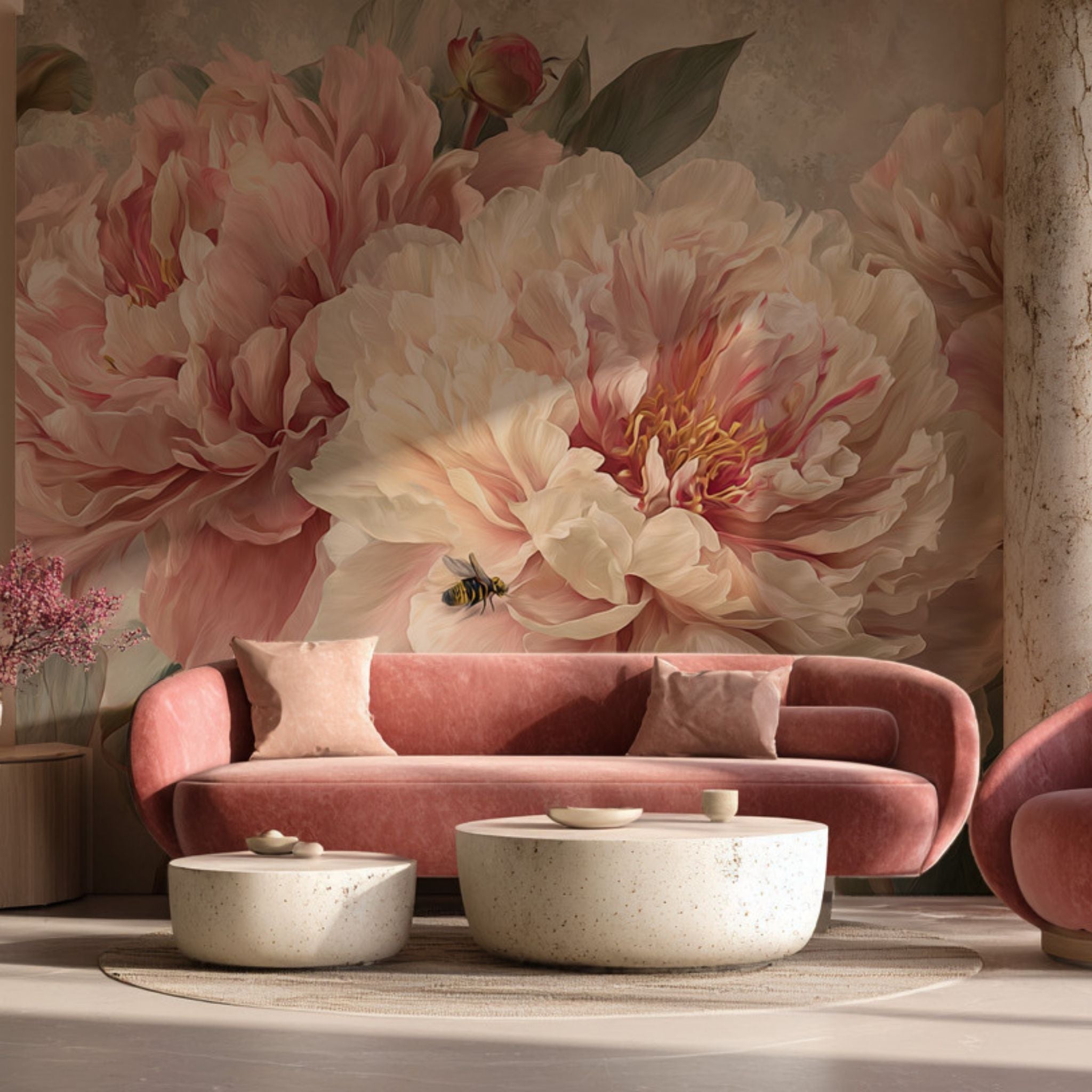 Romantic Pink Peony Wallpaper,Botanical Floral Wall Mural Design