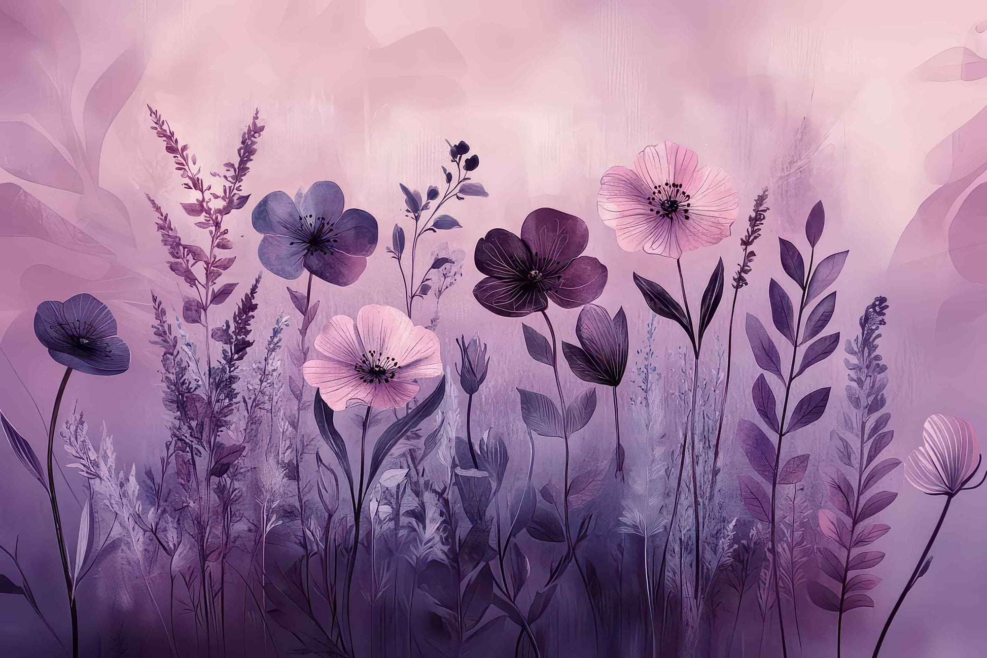 Soft Purple Floral Wallpaper with Watercolor Leaves  Removable Wall Decal YF-05067