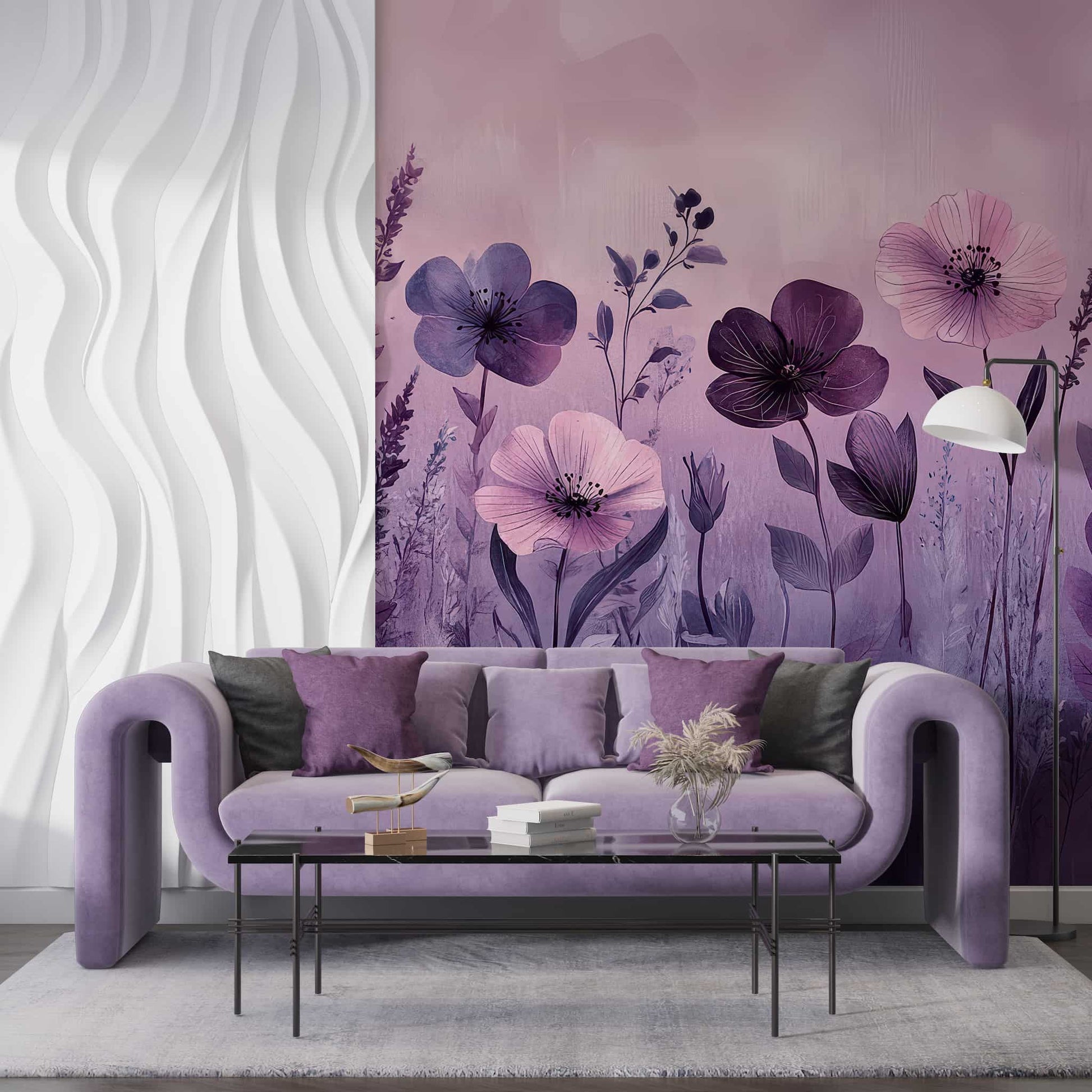 Soft Purple Floral Wallpaper with Watercolor Leaves  Removable Wall Decal YF-05067