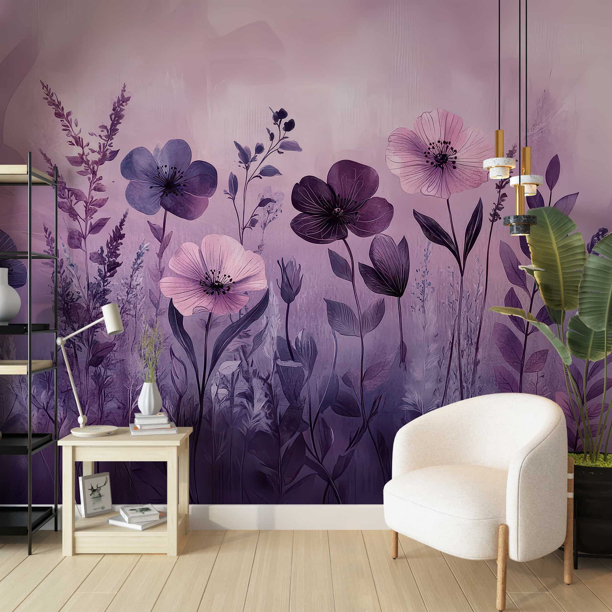 Soft Purple Floral Wallpaper with Watercolor Leaves  Removable Wall Decal YF-05067