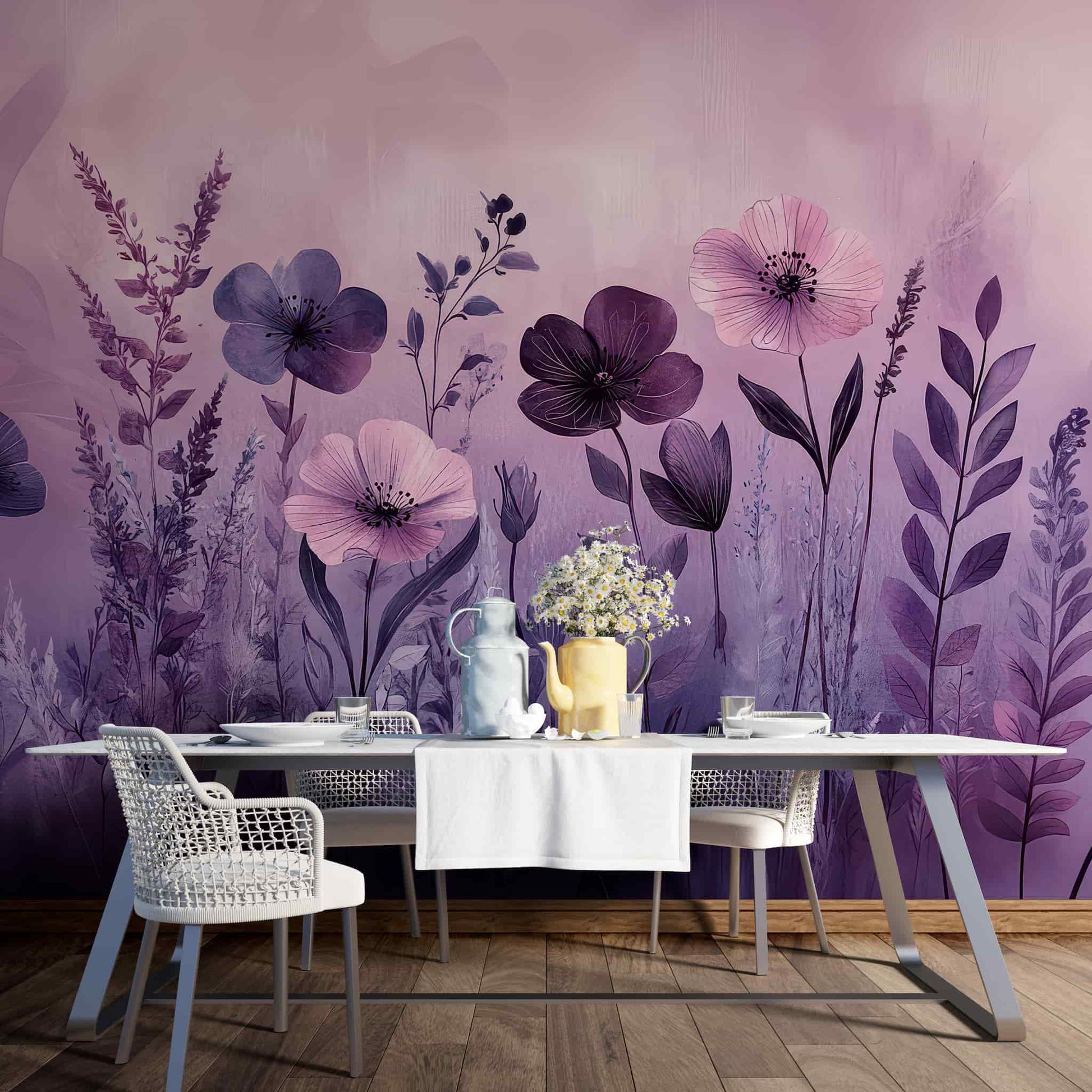 Soft Purple Floral Wallpaper with Watercolor Leaves  Removable Wall Decal YF-05067