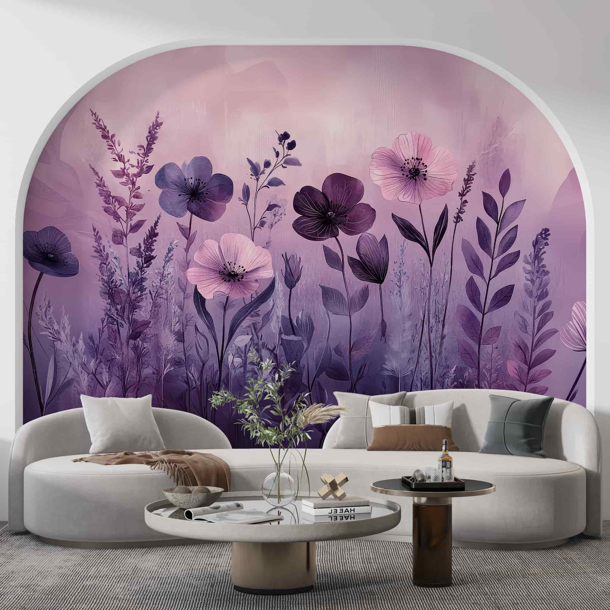 Soft Purple Floral Wallpaper with Watercolor Leaves  Removable Wall Decal YF-05067