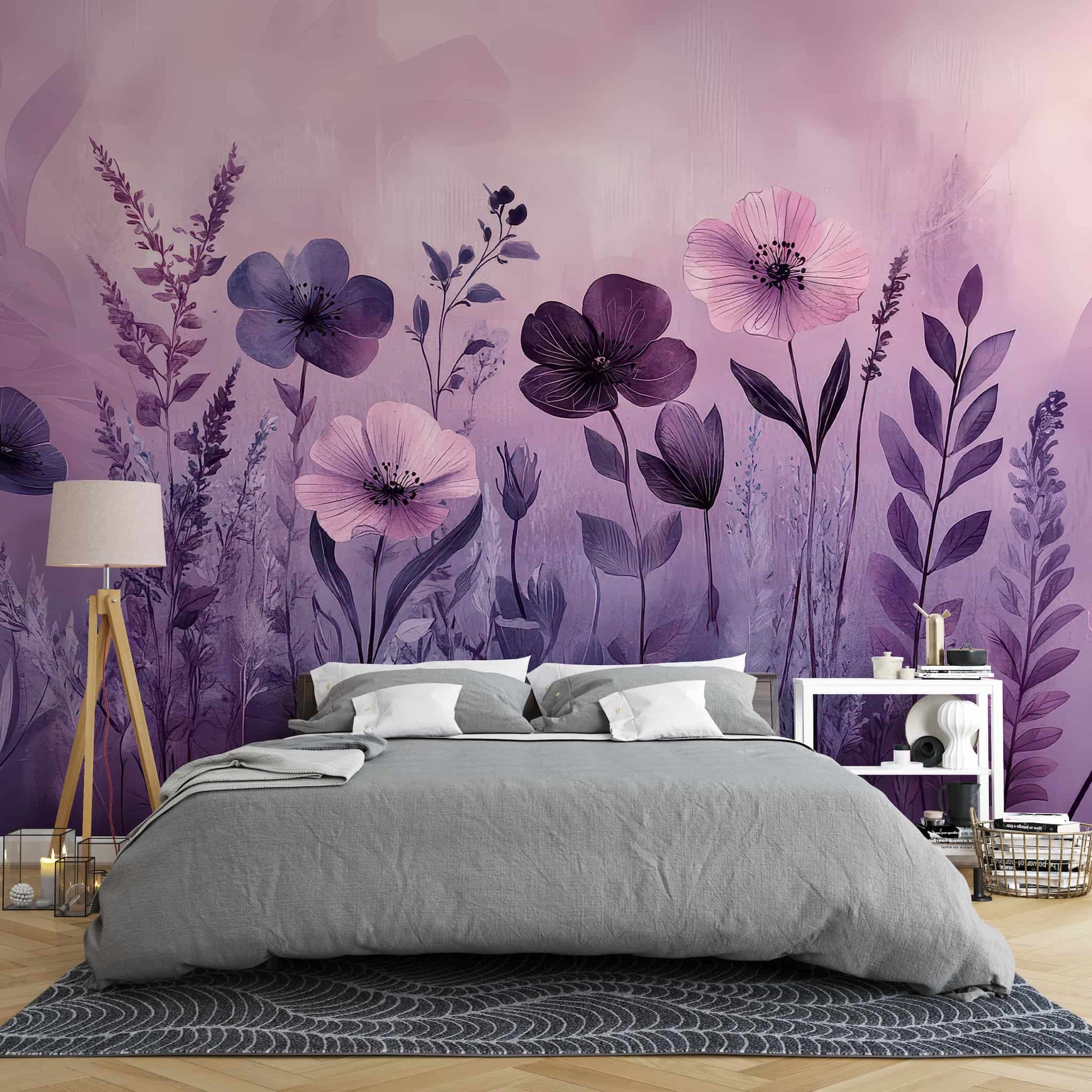 Soft Purple Floral Wallpaper with Watercolor Leaves  Removable Wall Decal YF-05067