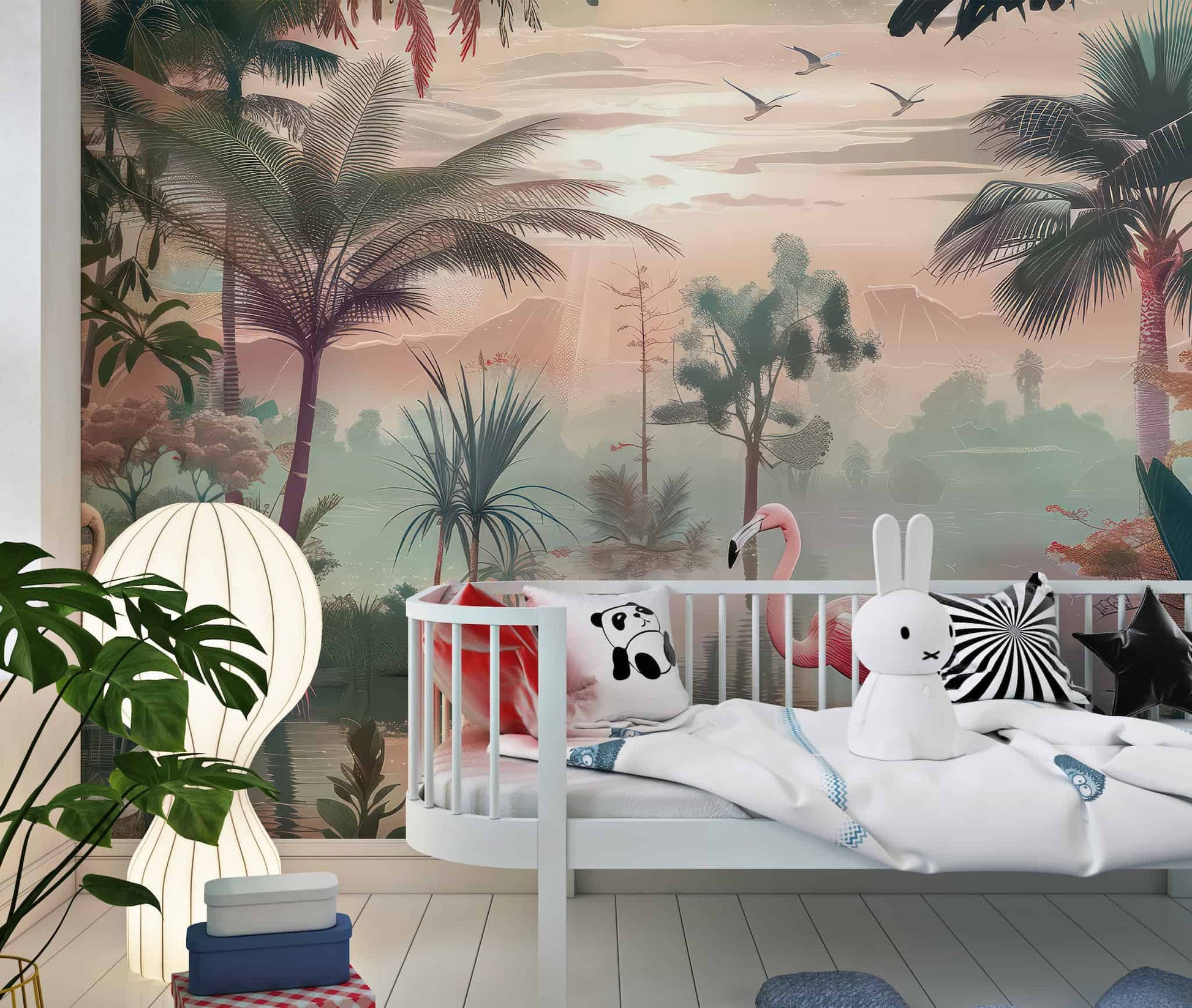 Tropical Flowers and Cranes Wallpaper, Floral Wall Mural YH-02539