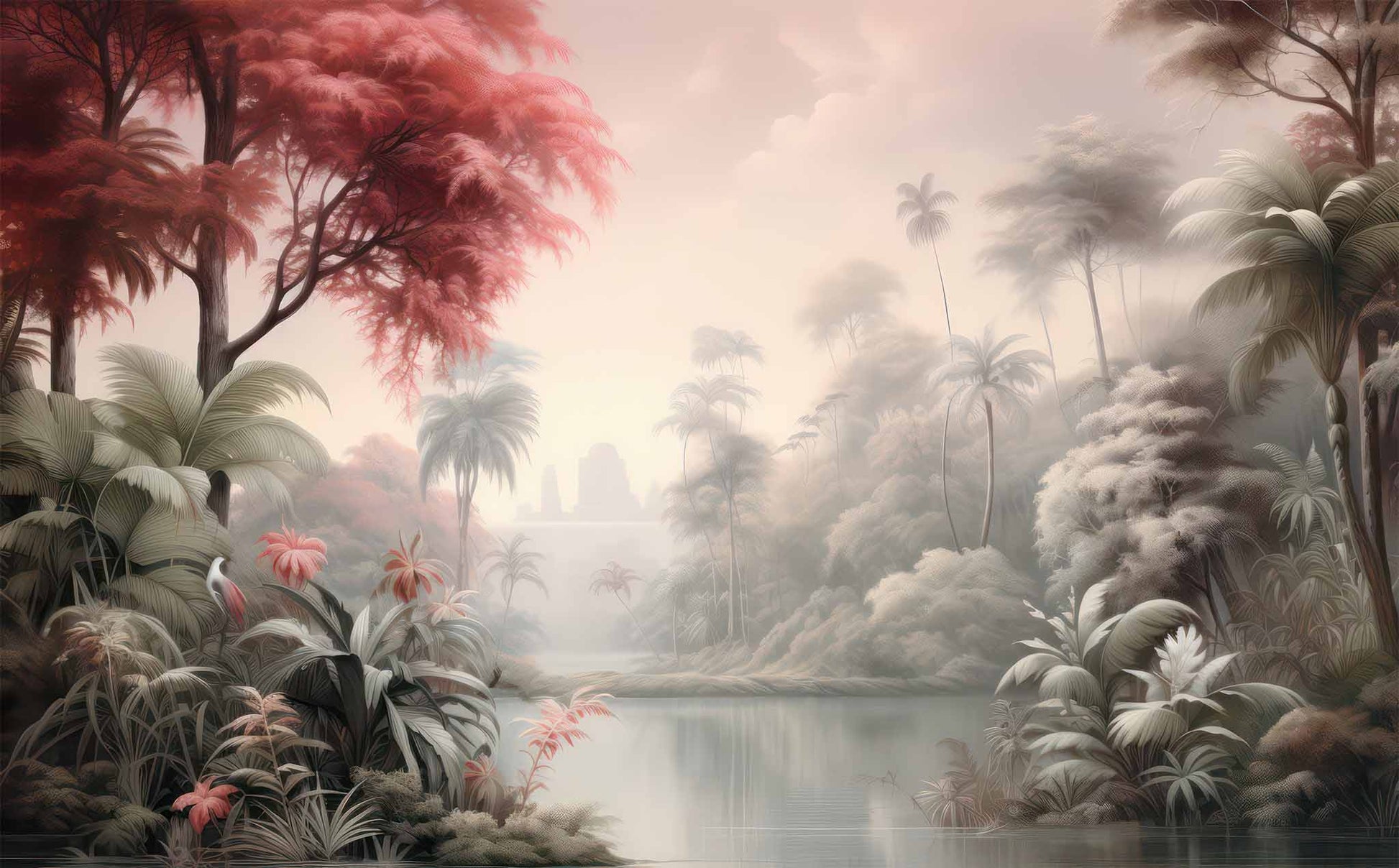 Tropical Pink Tree Wallpaper, Palm Trees Island Wall Decal YD-02376