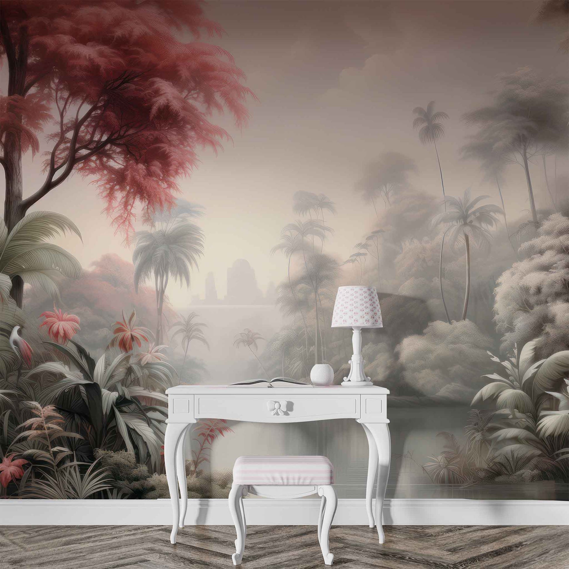 Tropical Pink Tree Wallpaper, Palm Trees Island Wall Decal YD-02376