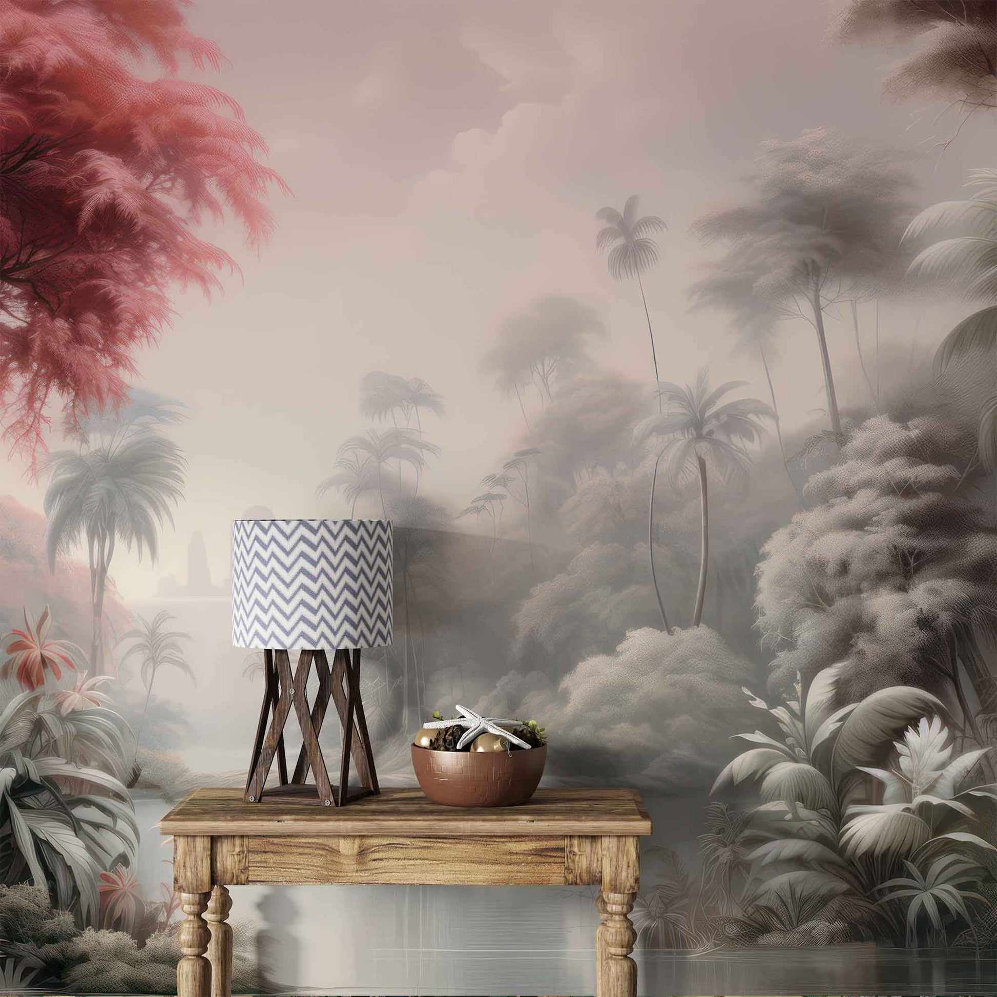 Tropical Pink Tree Wallpaper, Palm Trees Island Wall Decal YD-02376