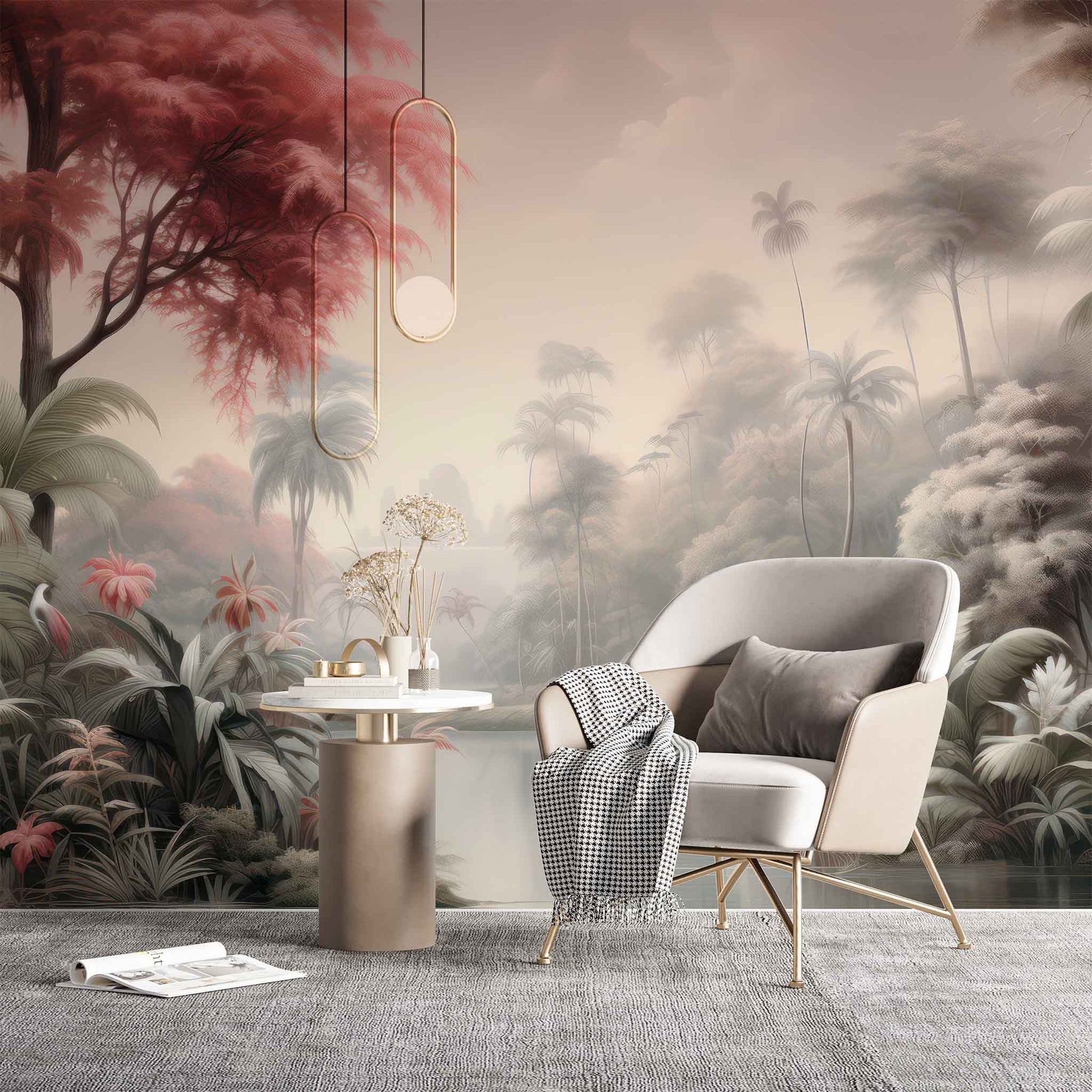 Tropical Pink Tree Wallpaper, Palm Trees Island Wall Decal YD-02376