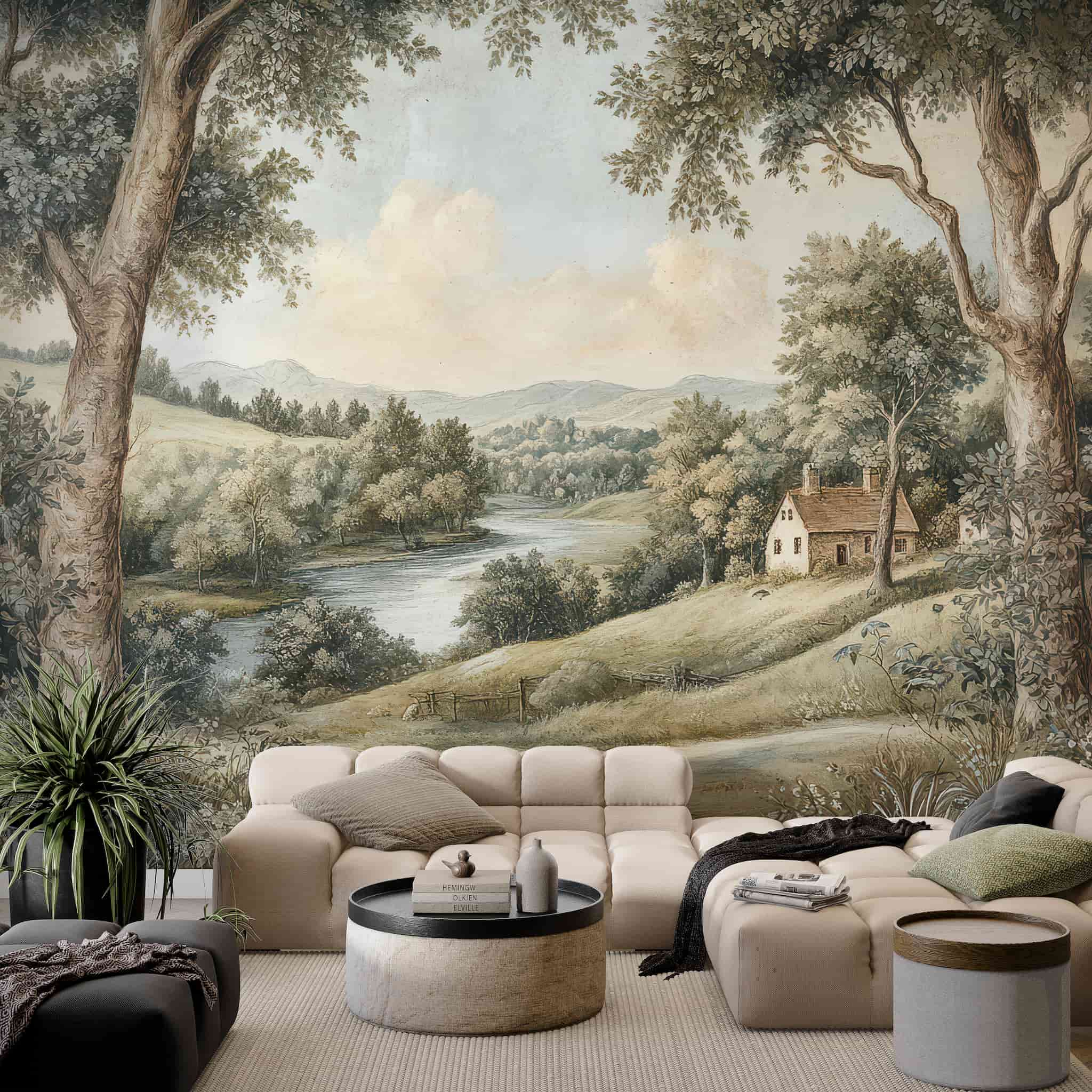 Vintage Landscape Wall Mural, Tree Scenic Wallpaper Art