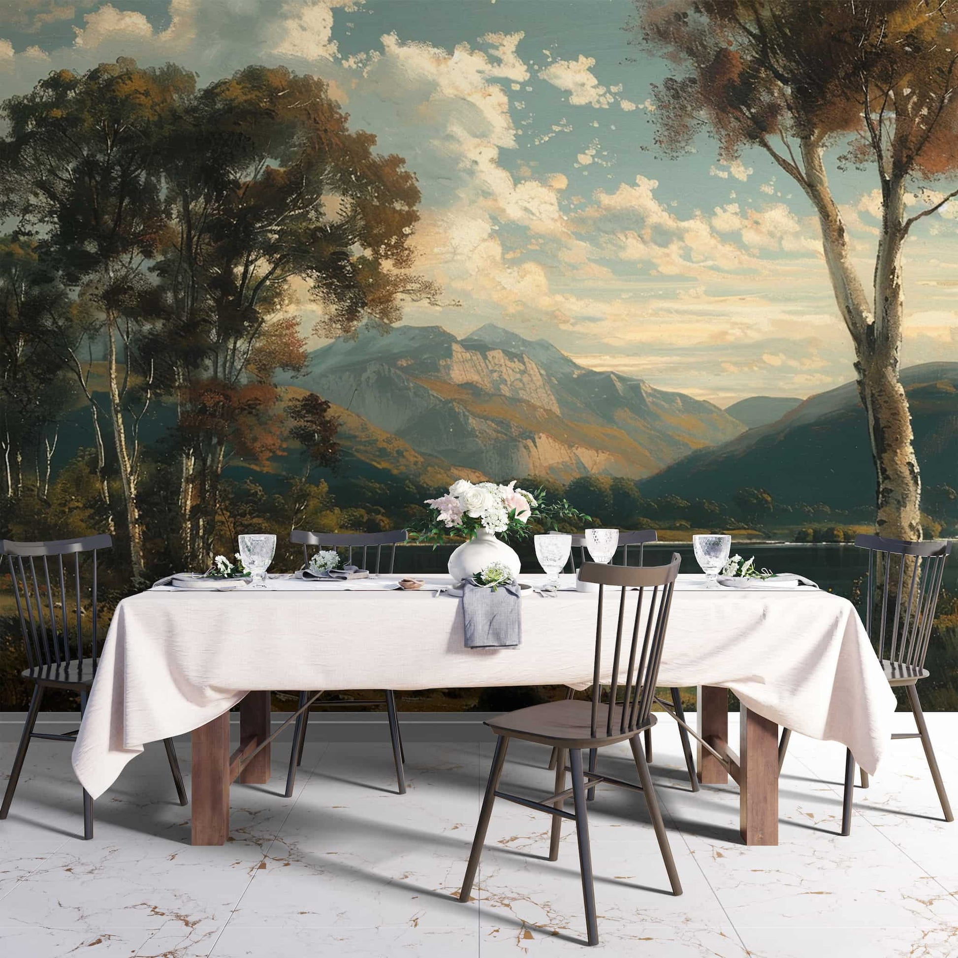 Vintage Landscape Wallpaper, Tree and Mountain Mural YD-04012