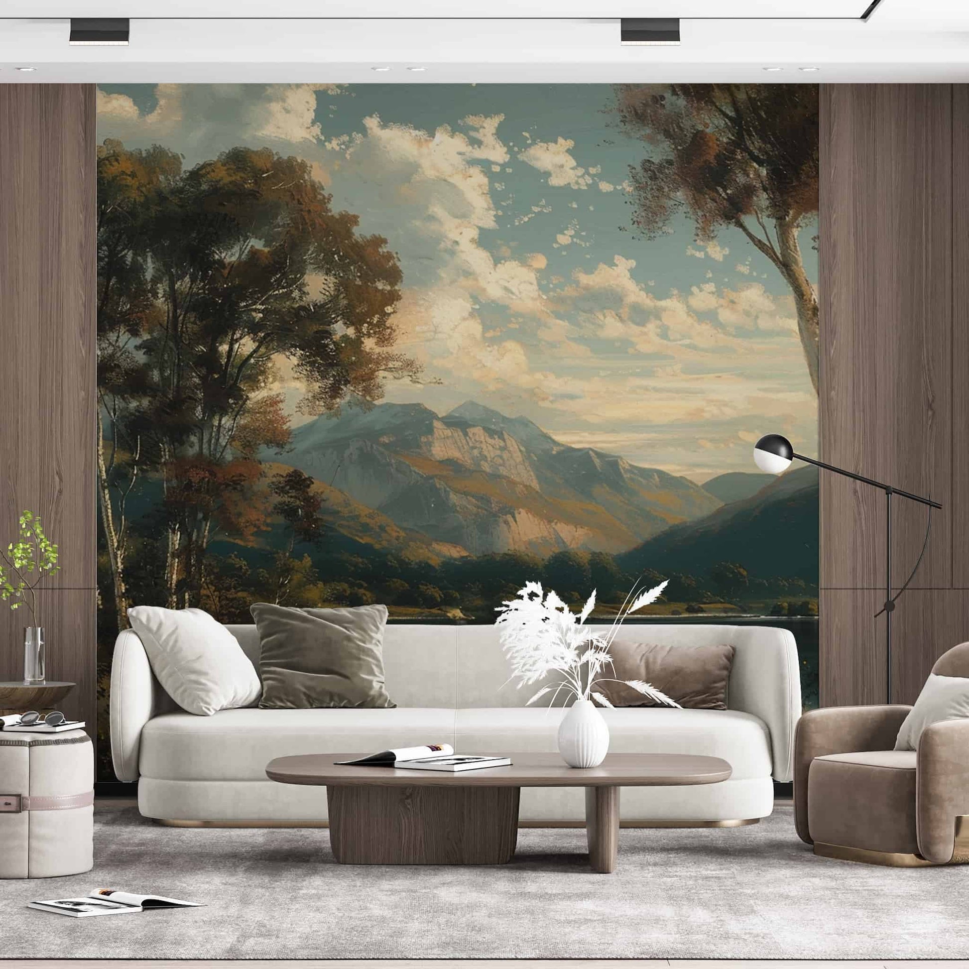Vintage Landscape Wallpaper, Tree and Mountain Mural YD-04012