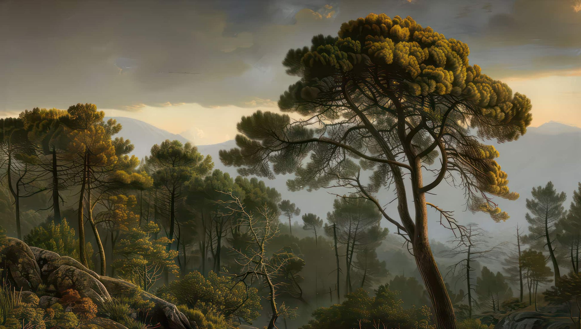 Vintage Scenic Wallpaper, Tree Wall Mural, Retro Landscape
