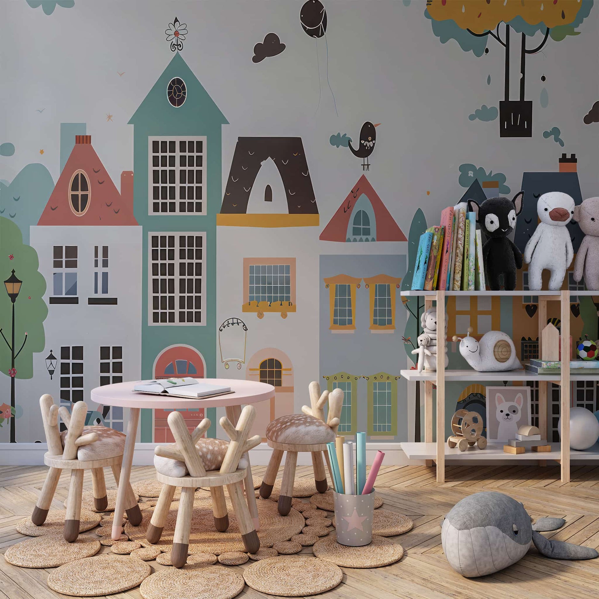Watercolor Buildings Wallpaper for Kids Room | YCO-02561