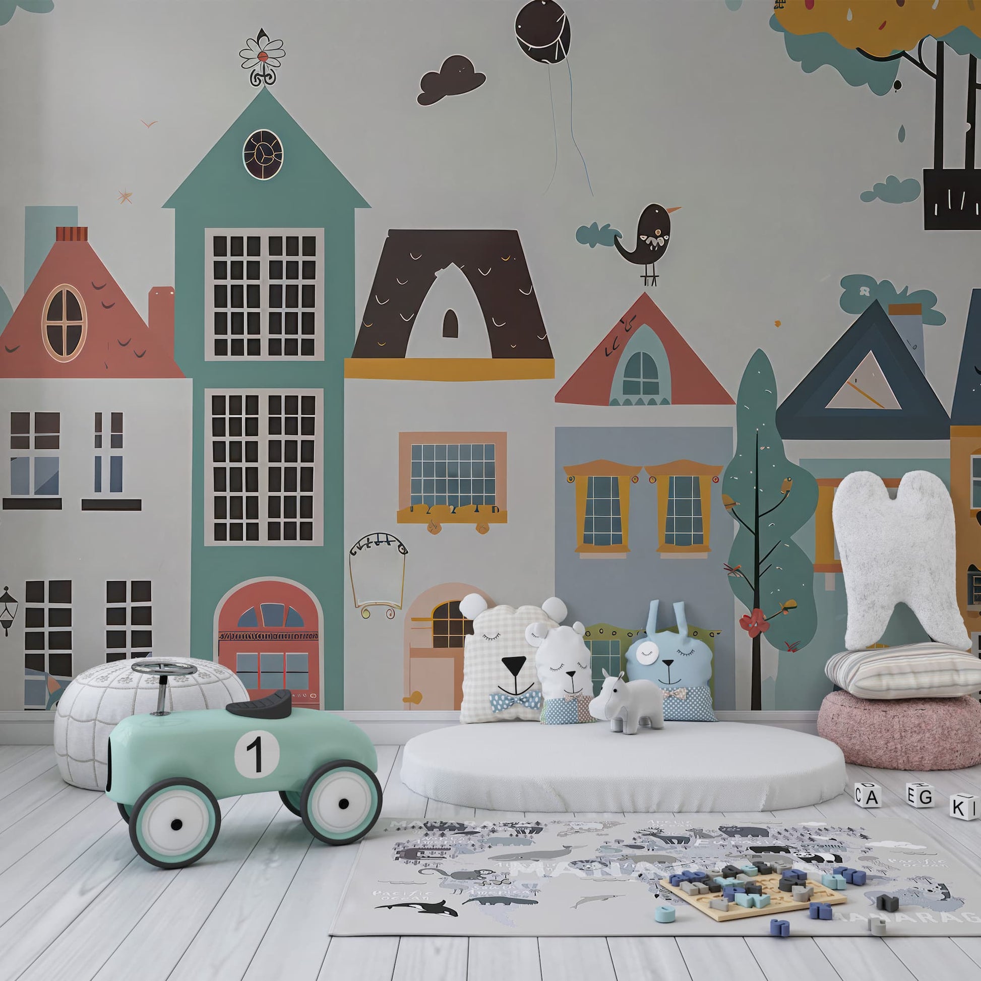 Watercolor Buildings Wallpaper for Kids Room | YCO-02561