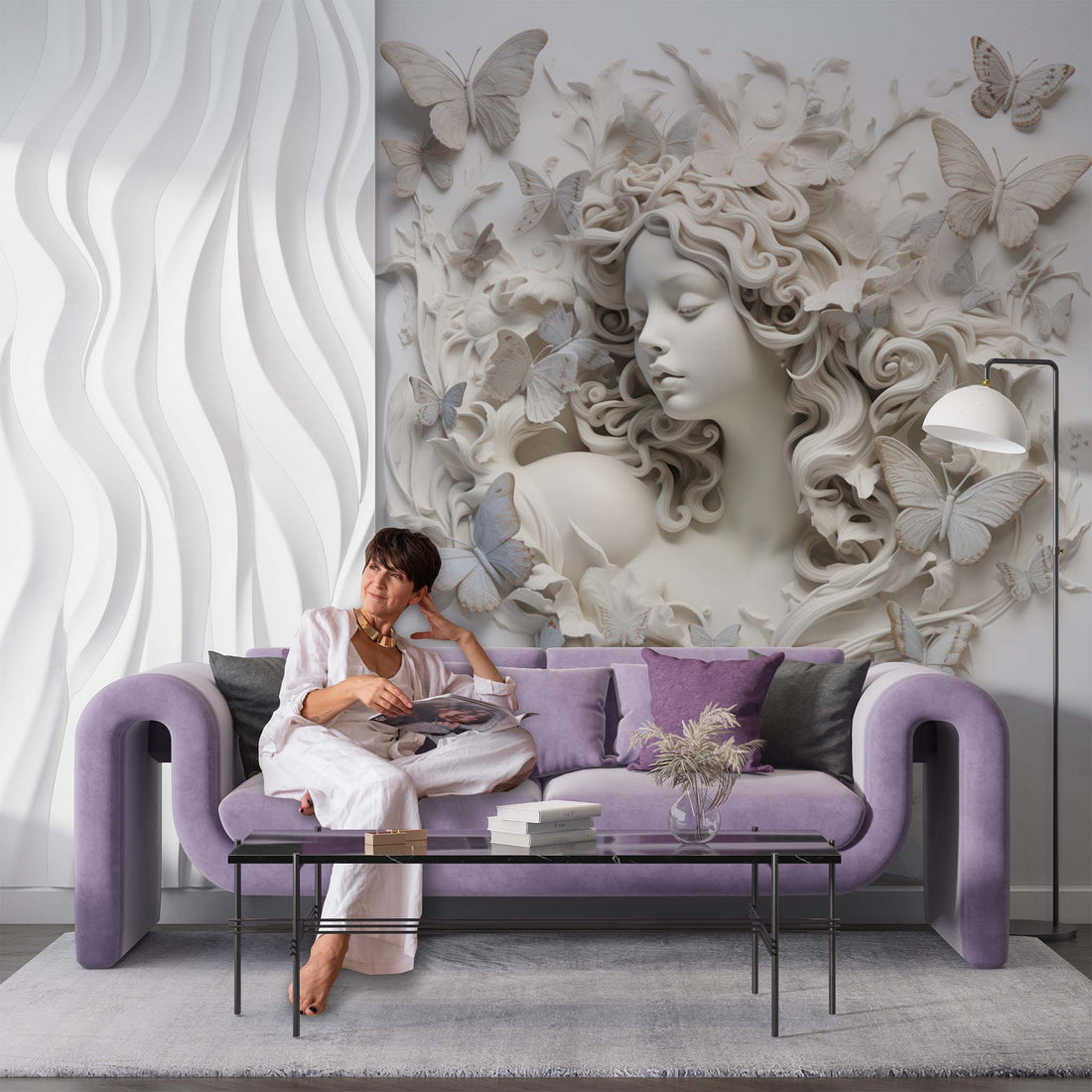 Woman and Butterflies 3D Wallpaper  Sculptural Mural YK-0285
