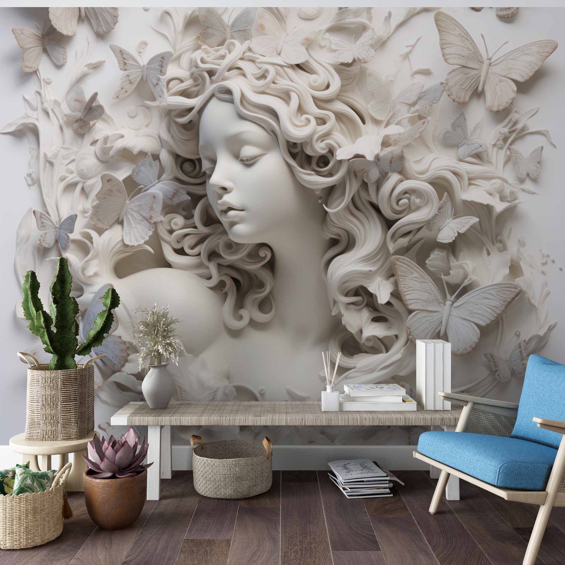 Woman and Butterflies 3D Wallpaper Sculptural Mural YK-0285