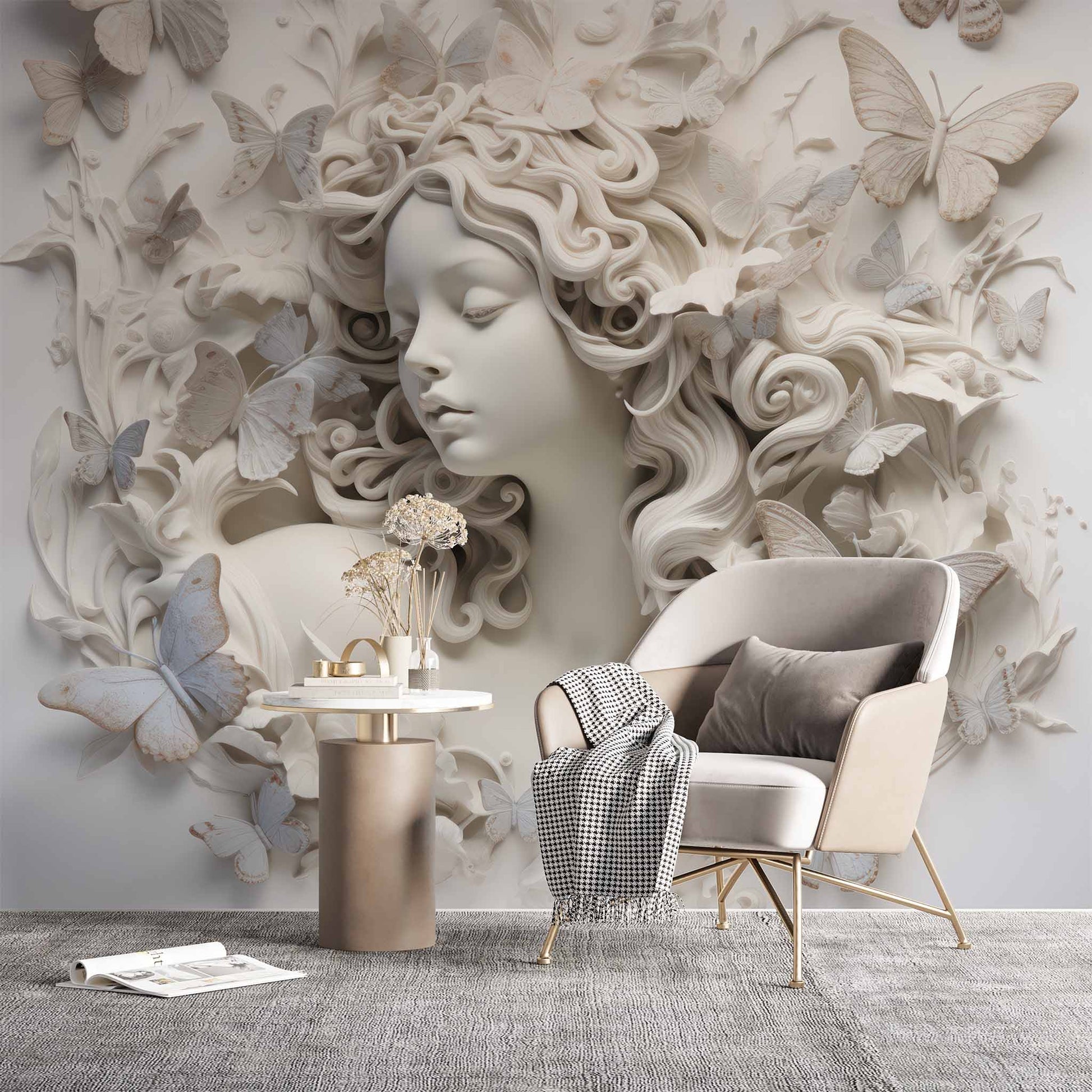 peel and stick wallpaper Woman and Butterflies 3D Wallpaper Sculptural Mural YK-0285