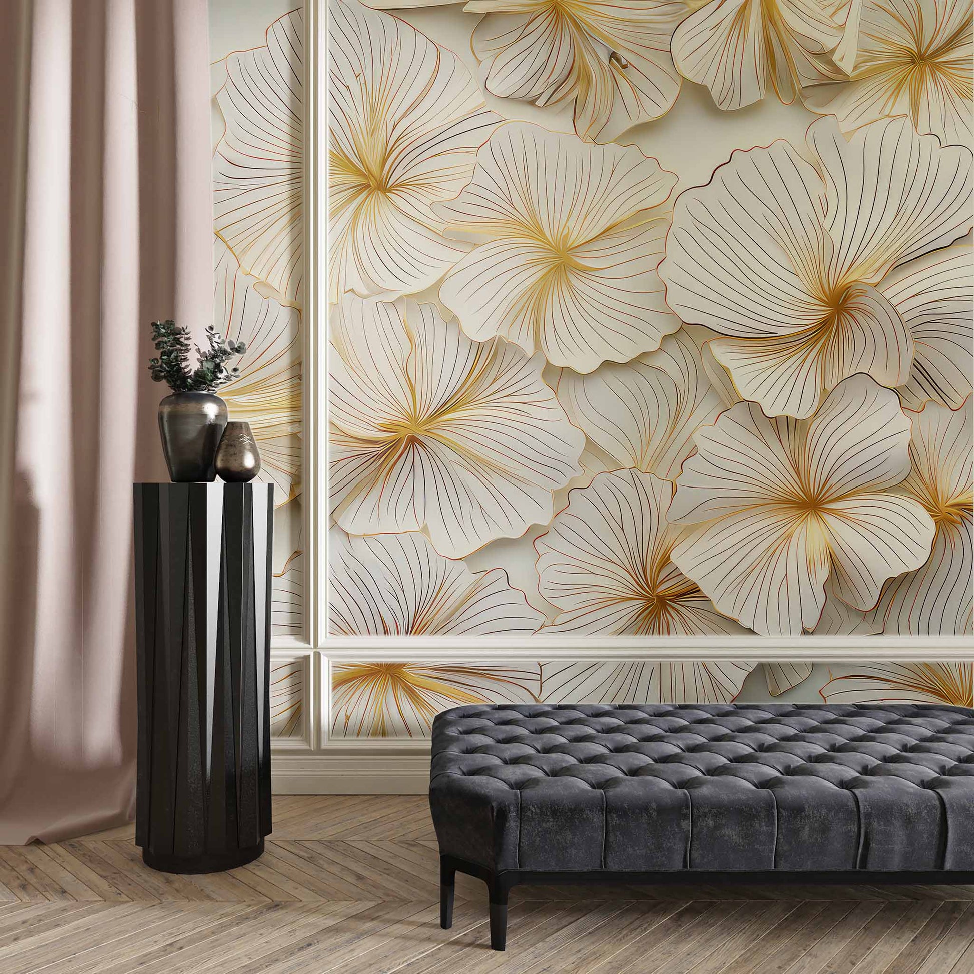 3D Gold Floral Wallpaper  Embossed Flower Mural YD-02454