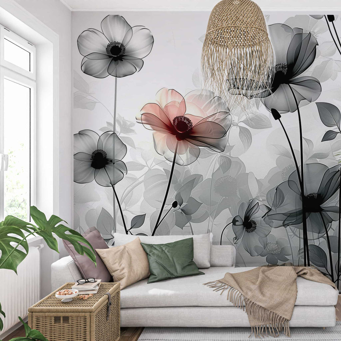 wallpaper peel and stick 3D Pastel Floral Wallpaper Grey Flowers Mural Art YF-04006