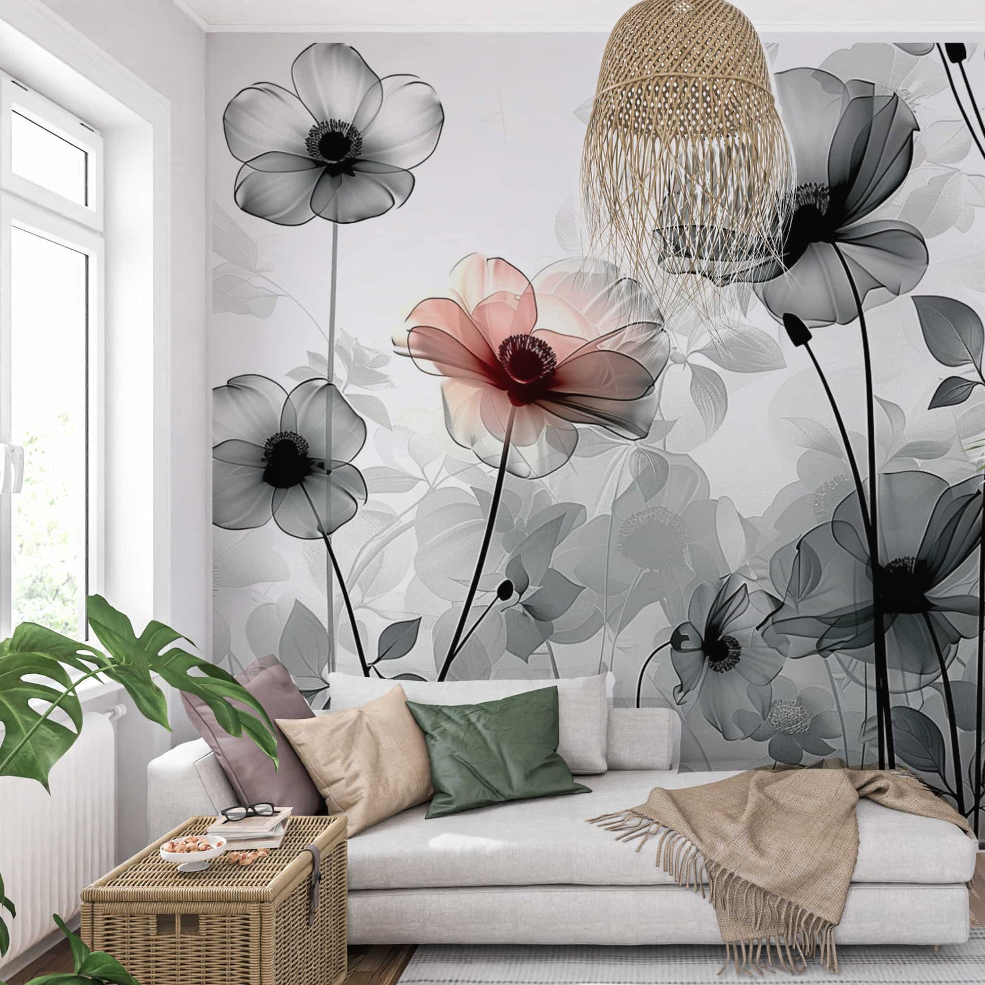 wallpaper peel and stick 3D Pastel Floral Wallpaper Grey Flowers Mural Art YF-04006