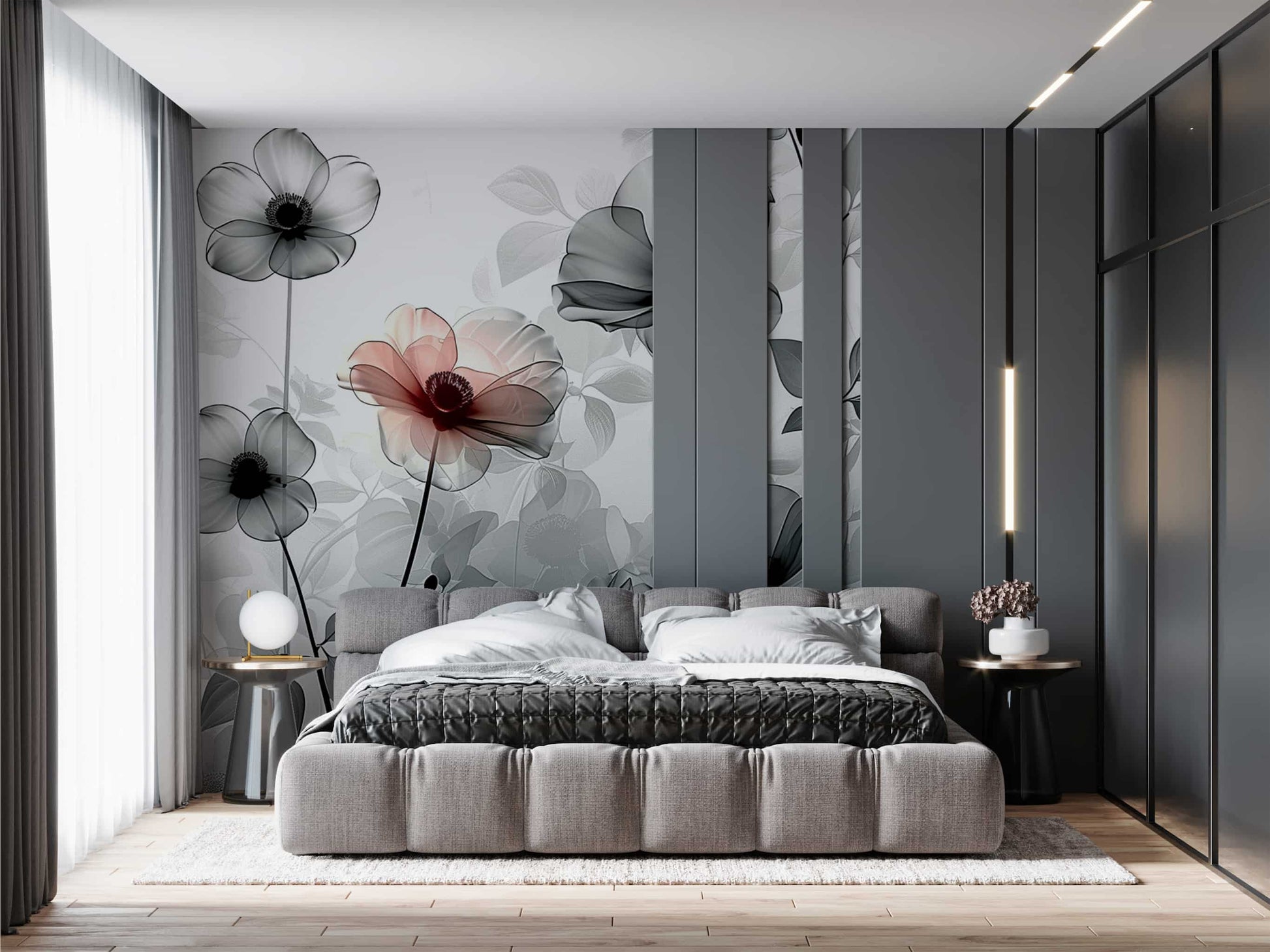 3D Pastel Floral Wallpaper  Grey Flowers Mural Art YF-04006