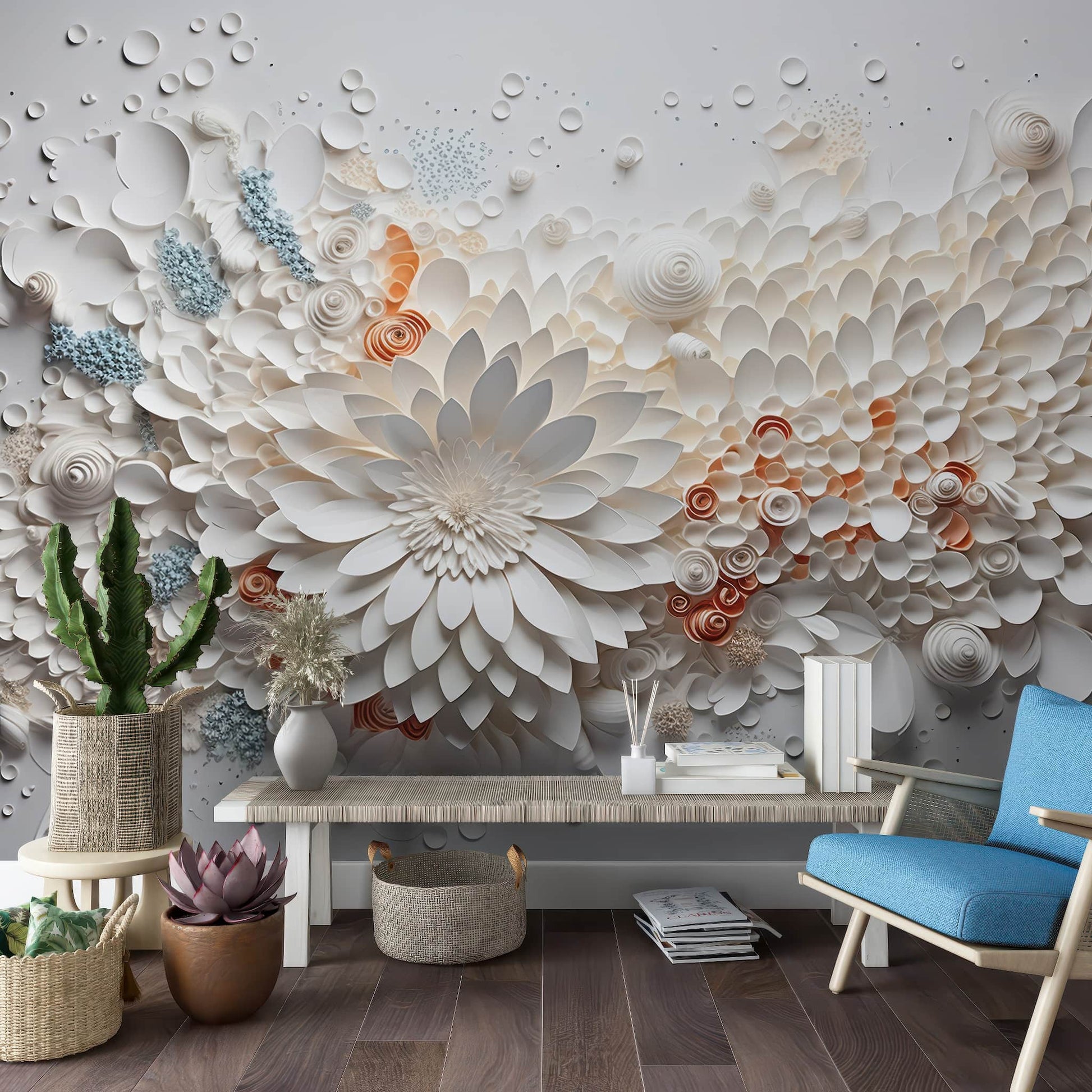 3D Relief Flower Wallpaper | Embossed Floral Mural